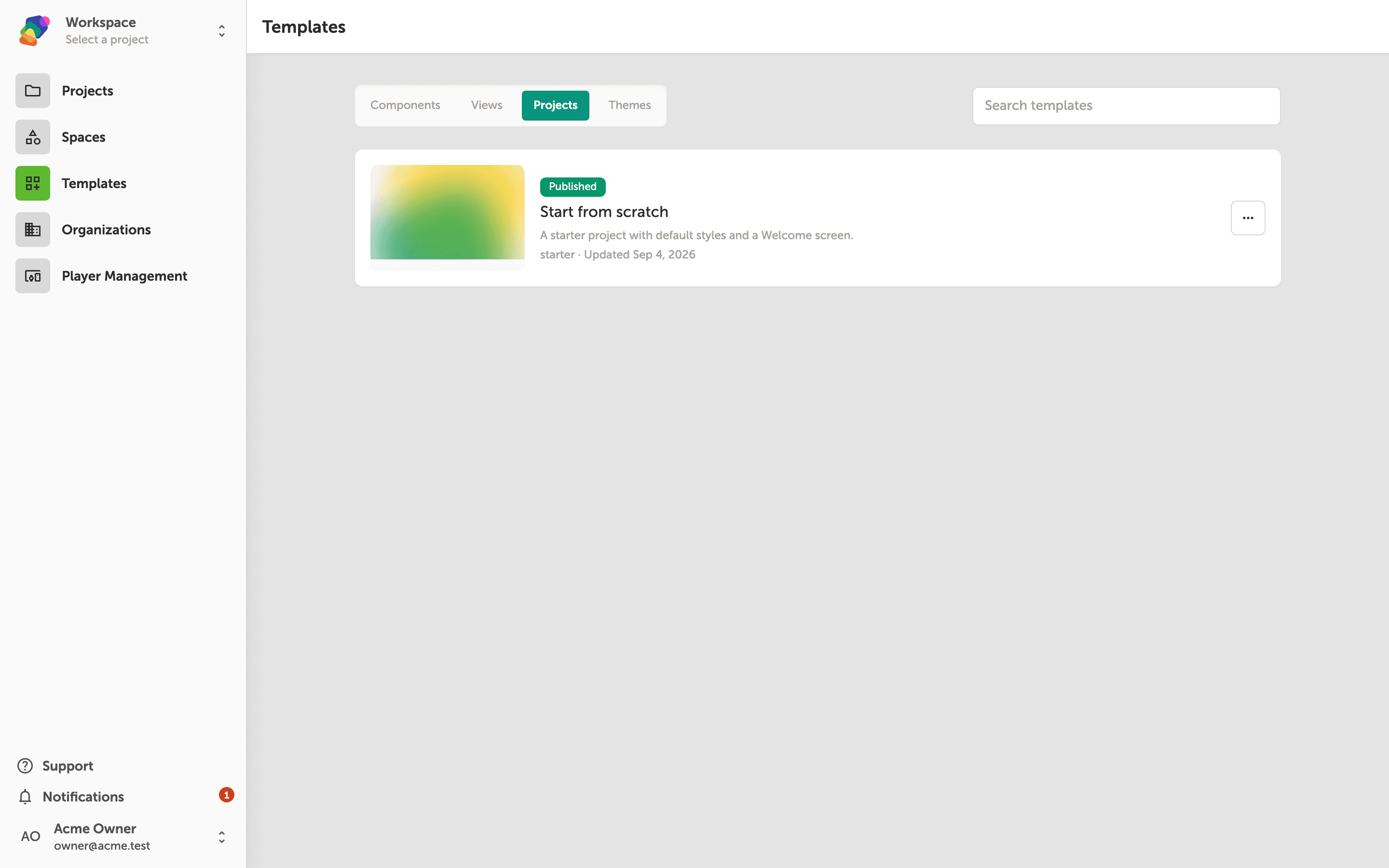 The Projects tab on the Zibit Templates page, displaying project template cards with names, descriptions, and scope badges