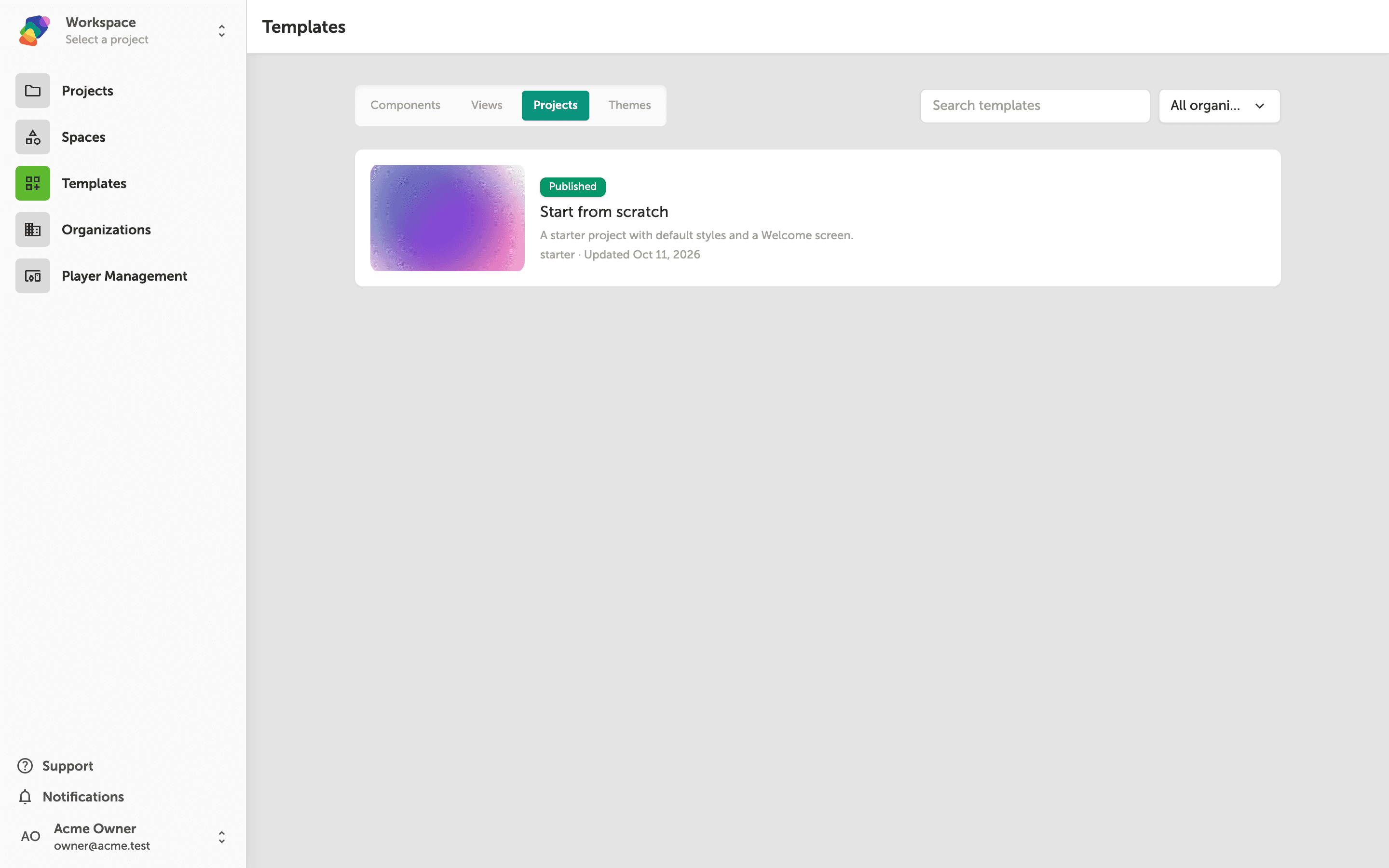 The Projects tab on the Zibit Templates page, displaying project template cards with names, descriptions, and scope badges