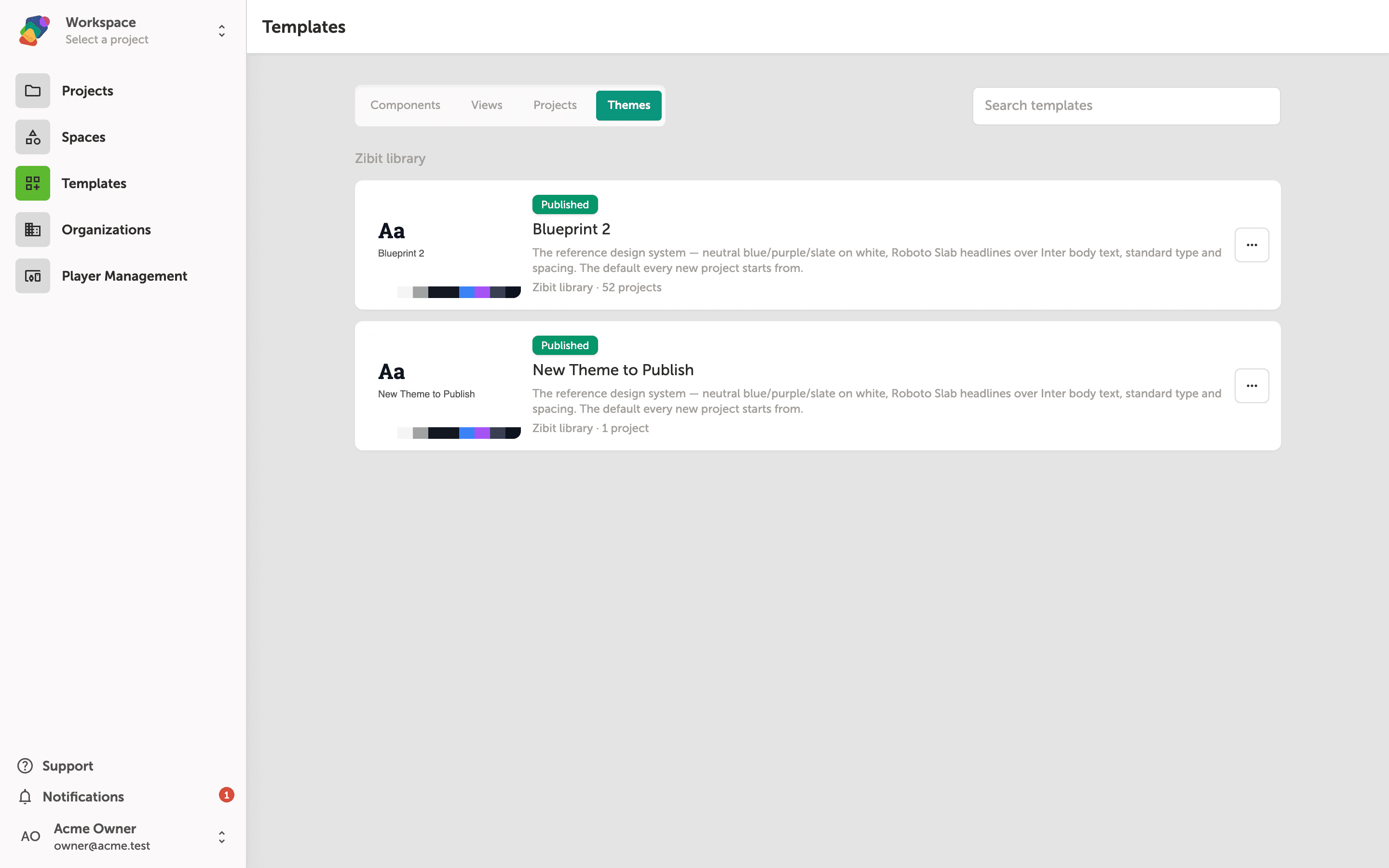 The Themes tab on the Zibit Templates page, showing saved style theme cards with color and typography previews