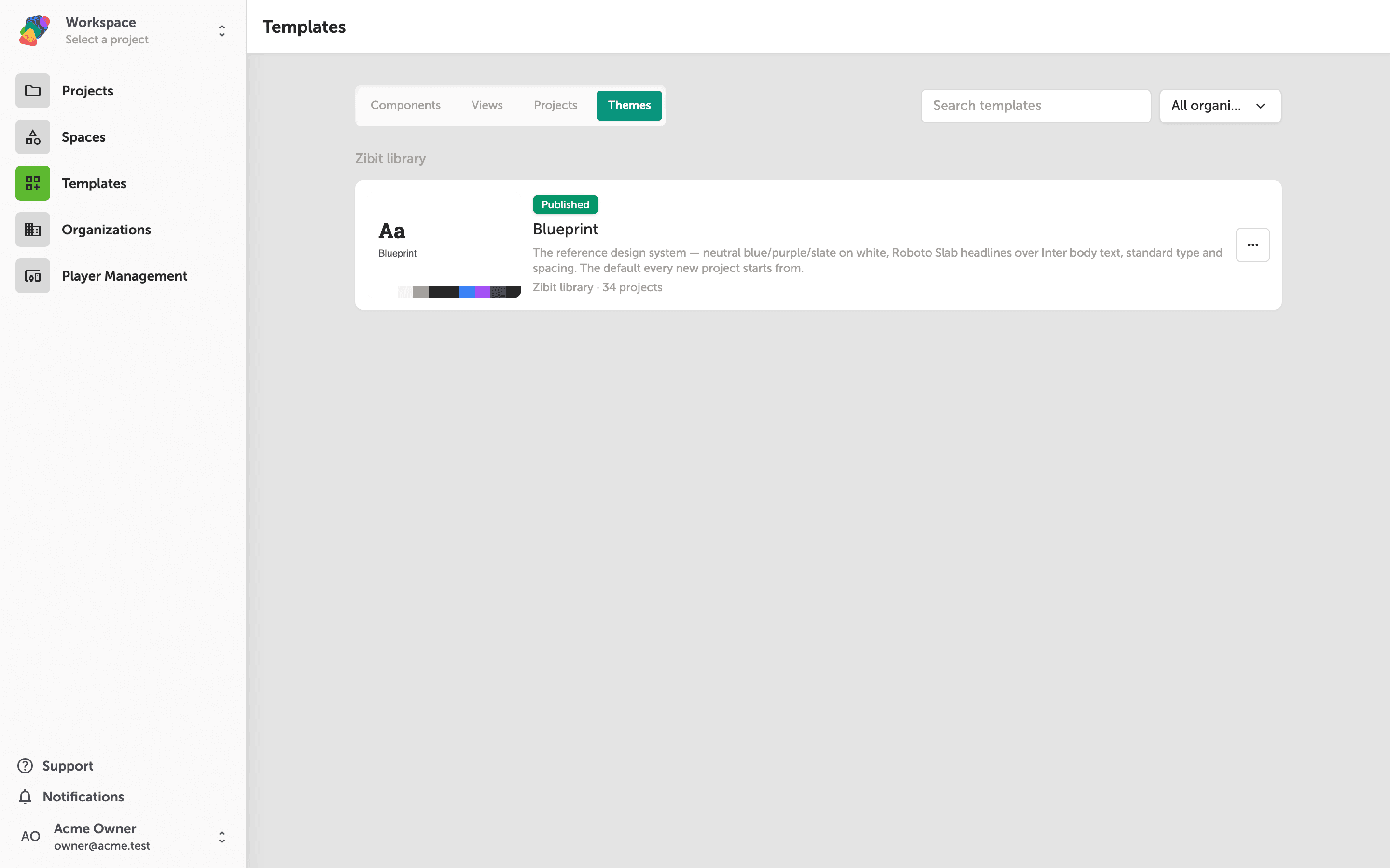 The Themes tab on the Zibit Templates page, showing saved style theme cards with color and typography previews