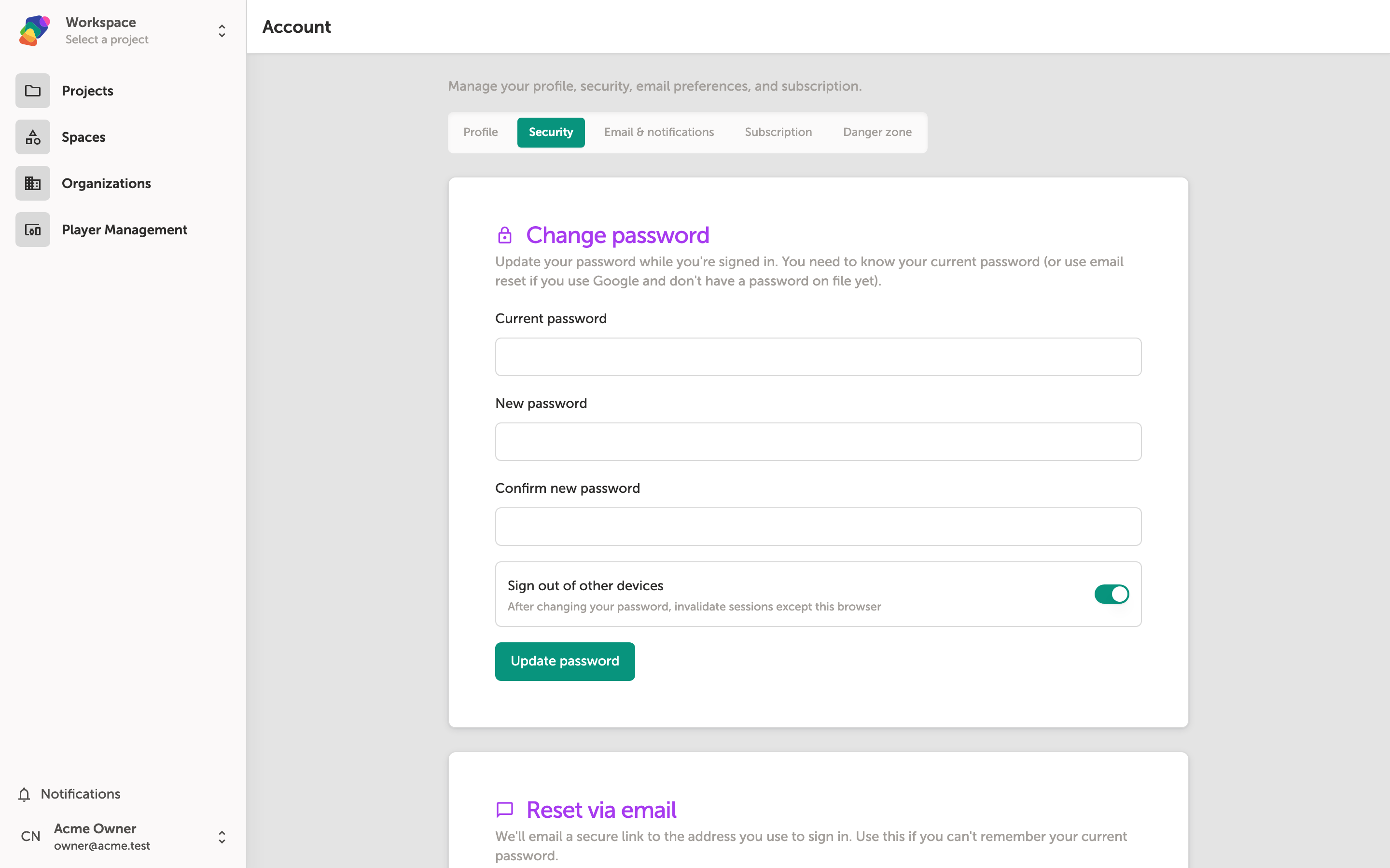 The Security tab of the Zibit Account settings page, showing fields for current password, new password, and confirm new password, a Connect Google button, and a list of active sessions each with a Sign out button