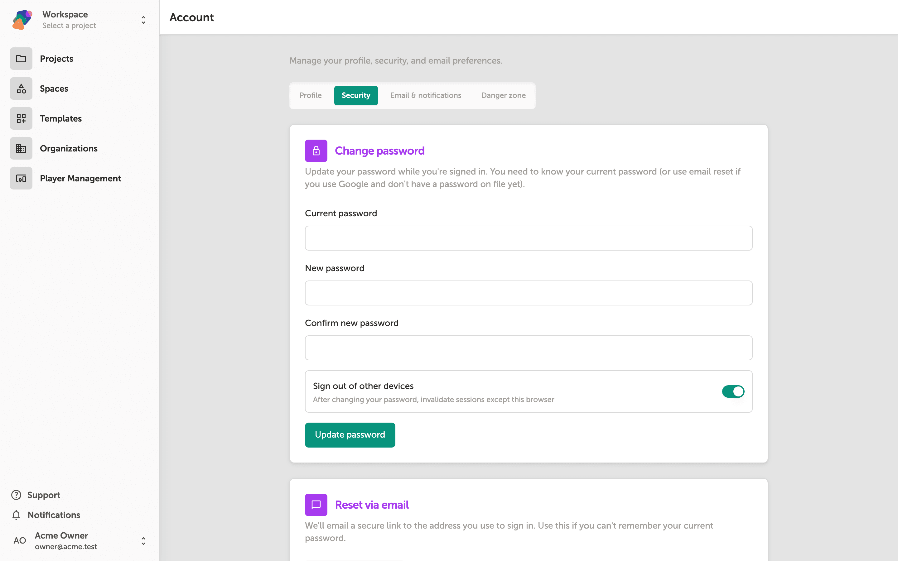 The Account page with the Security tab selected, showing a Change password form with fields for current password, new password, and confirm new password, a Sign out of other devices toggle switched on, an Update password button, and a Reset via email section below