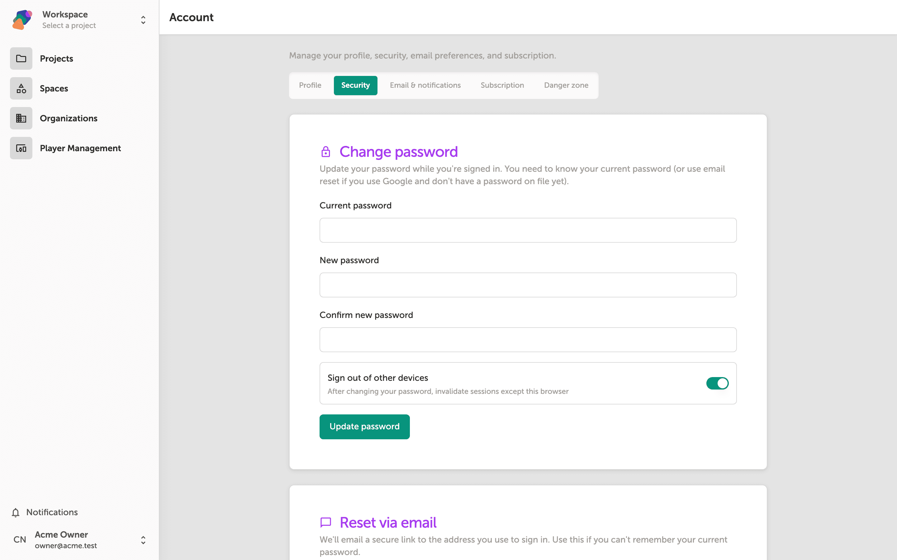 The Security tab of the Zibit Account settings page, showing fields for current password, new password, and confirm new password, a Connect Google button, and a list of active sessions each with a Sign out button