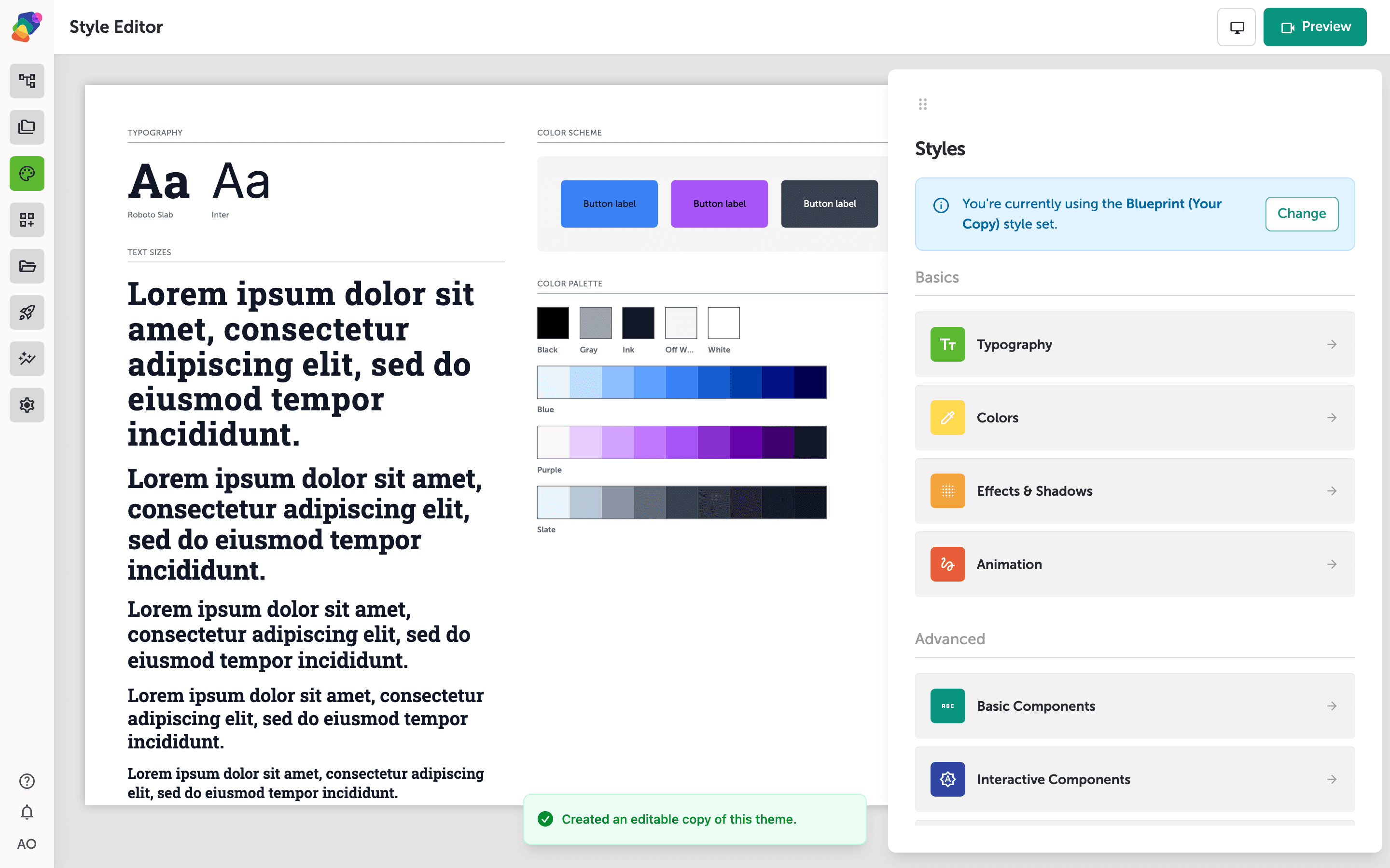 The Style Editor screen showing a live preview of typography samples and color scheme swatches on the left, and a Styles panel on the right listing Typography, Colors, Effects & Shadows, Animation, Basic Components, Interactive Components, and Layout Components