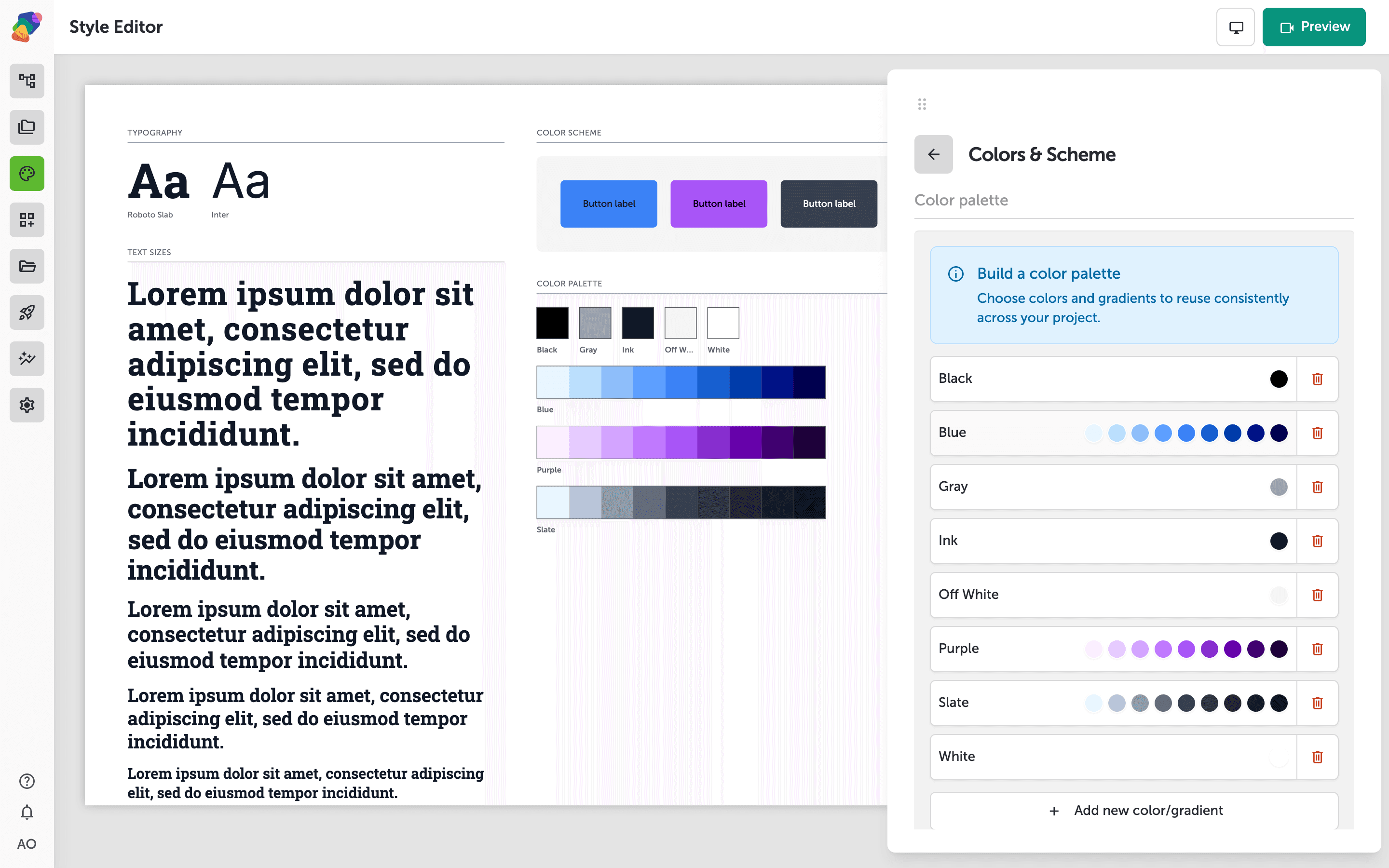 The Colors & Scheme panel in the Style Editor, showing an empty color palette with an Add new color/gradient button, and a color scheme section with Foreground, Background, Surfaces, Border, and Primary role fields all set to None.