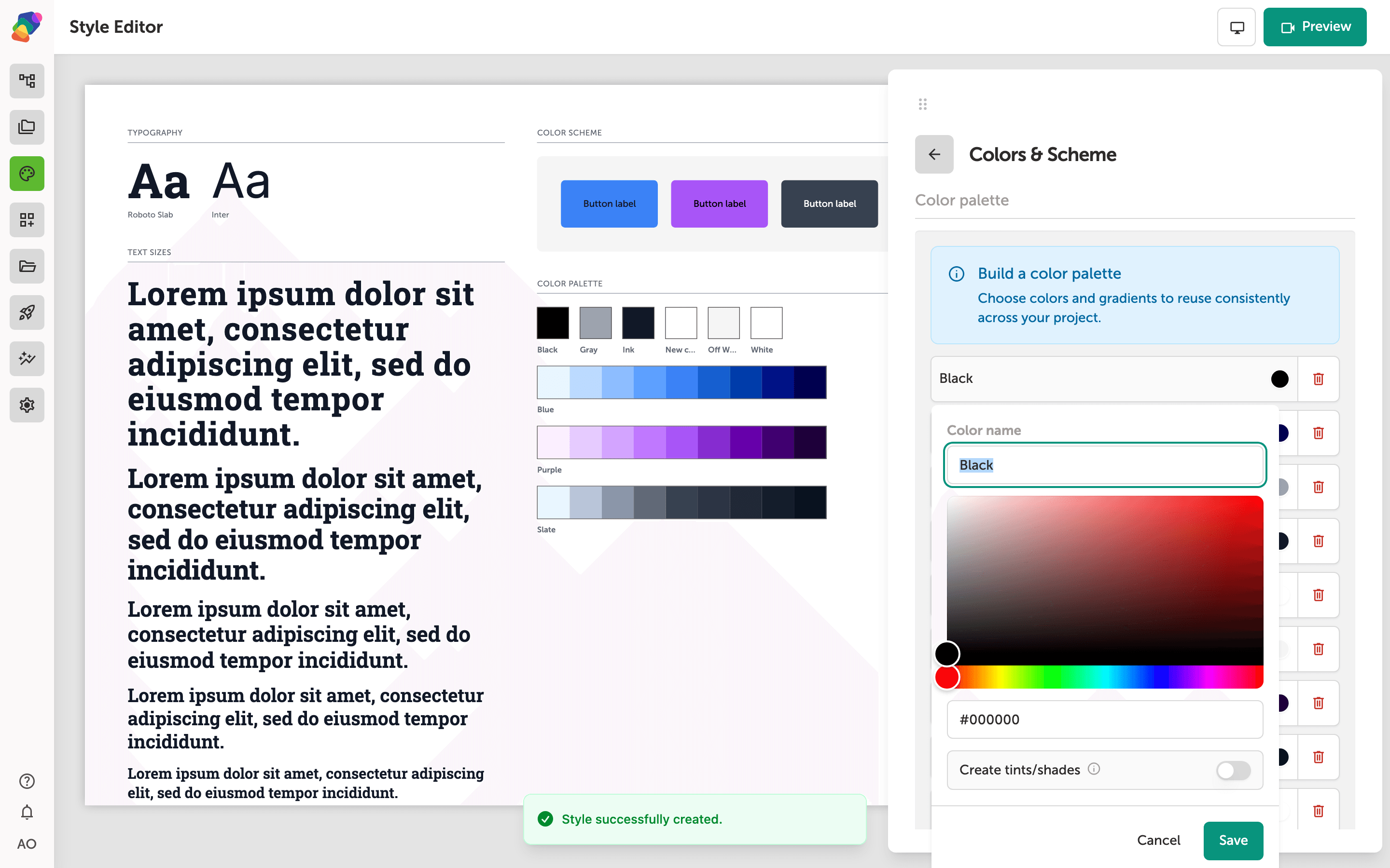 The Colors & Scheme panel with the color picker popover open, showing a gradient canvas, a hue slider, a hex input field reading #ffffff, a Color name field containing 'White', and a Create tints/shades toggle, with Save and Cancel buttons at the bottom.