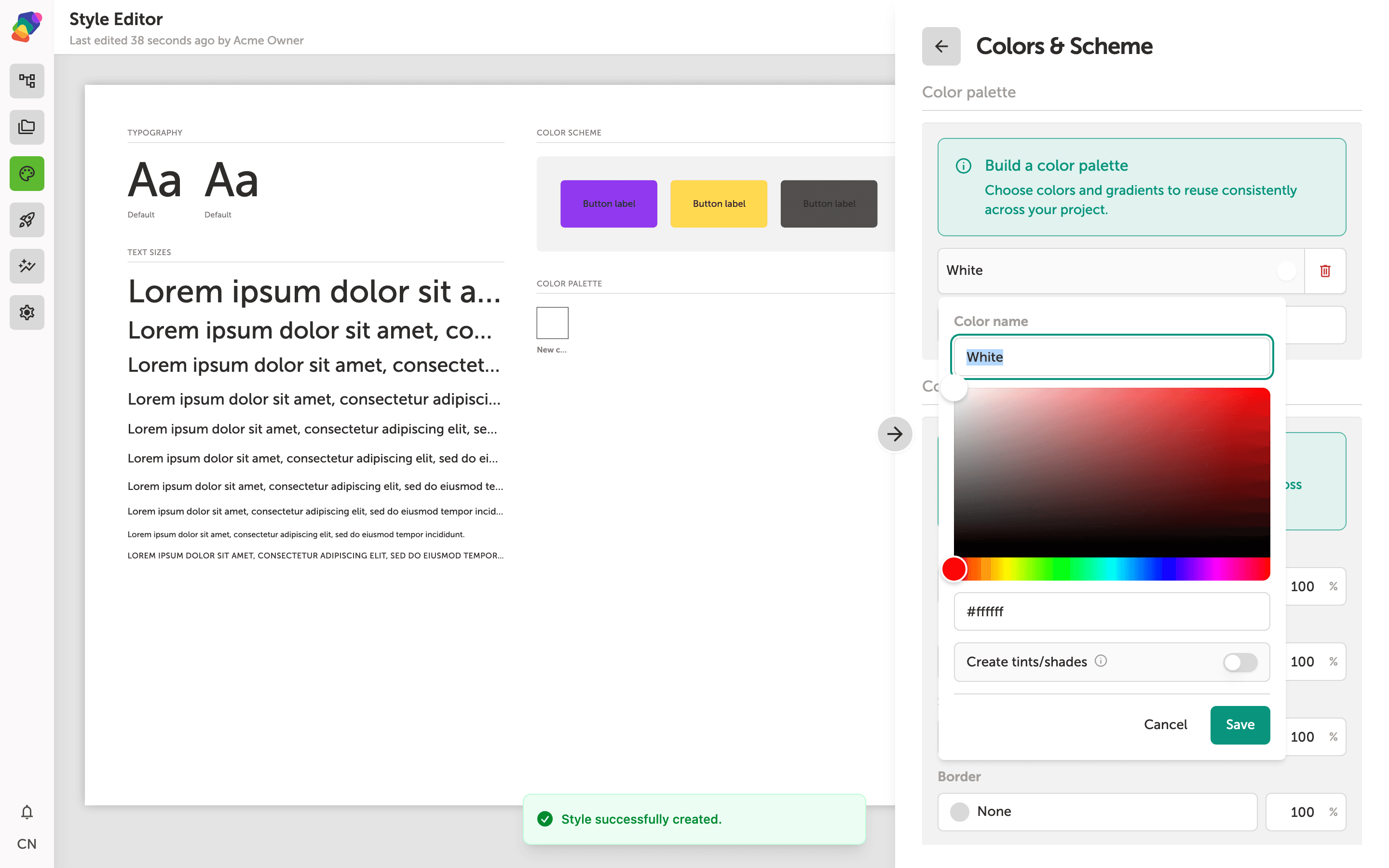 Color picker popover open in the Style Editor, showing a gradient color field, hue and alpha sliders, and input fields for hex value, RGB values, opacity, and a color name field