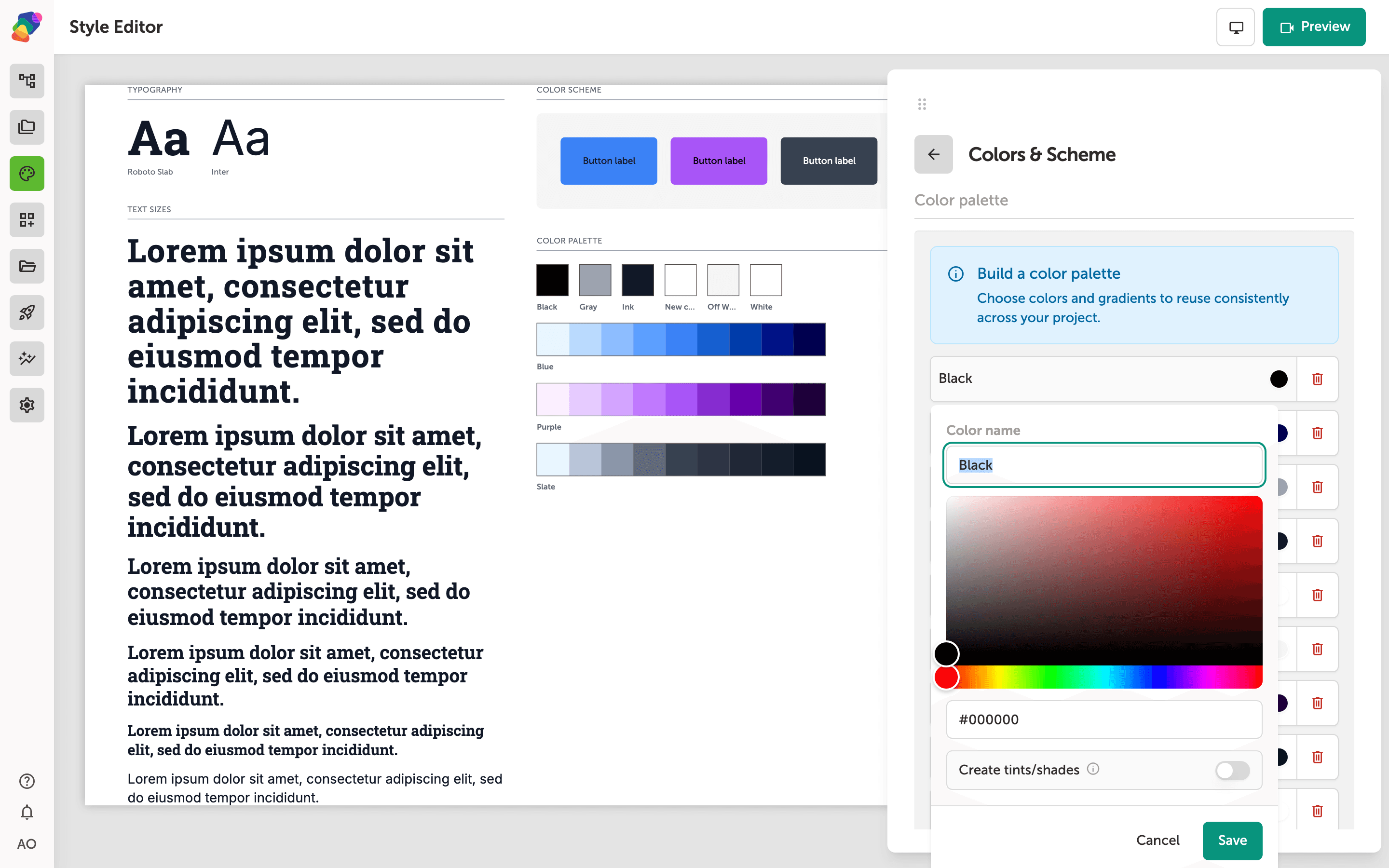 The Colors & Scheme panel in the Style Editor, showing a color picker open with a red-to-black gradient, a hex field set to #ffffff, a Color name field containing 'White', and Save and Cancel buttons. A green toast notification at the bottom reads 'Style successfully created.'