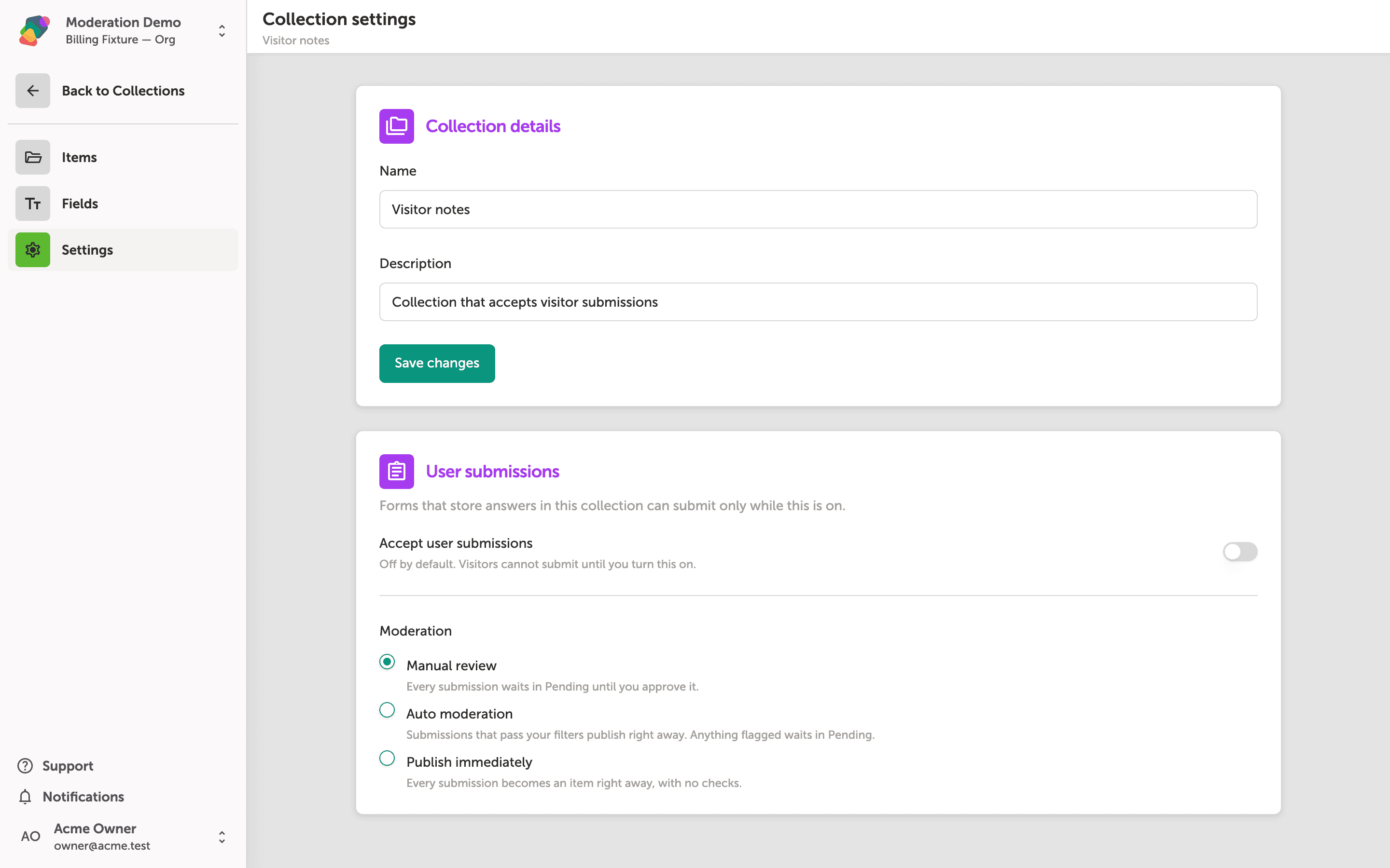 Collection settings with Accept user submissions.