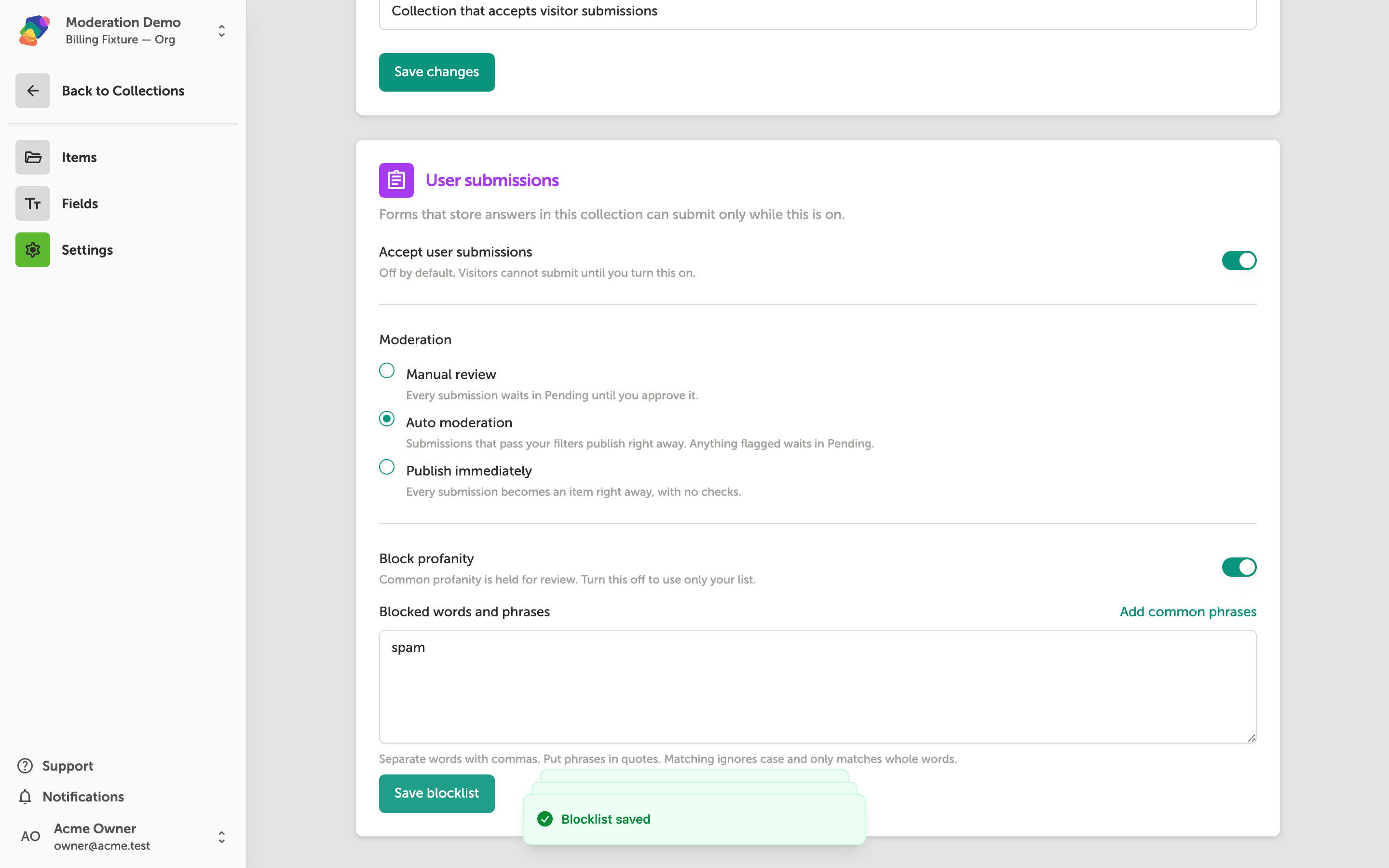 The blocklist with a term entered and Save blocklist.