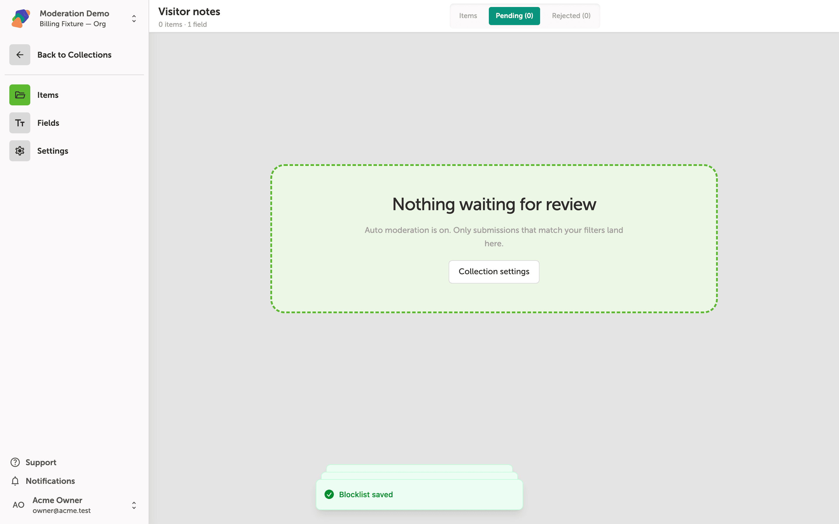 The Pending tab on a collection, empty and ready for submissions.