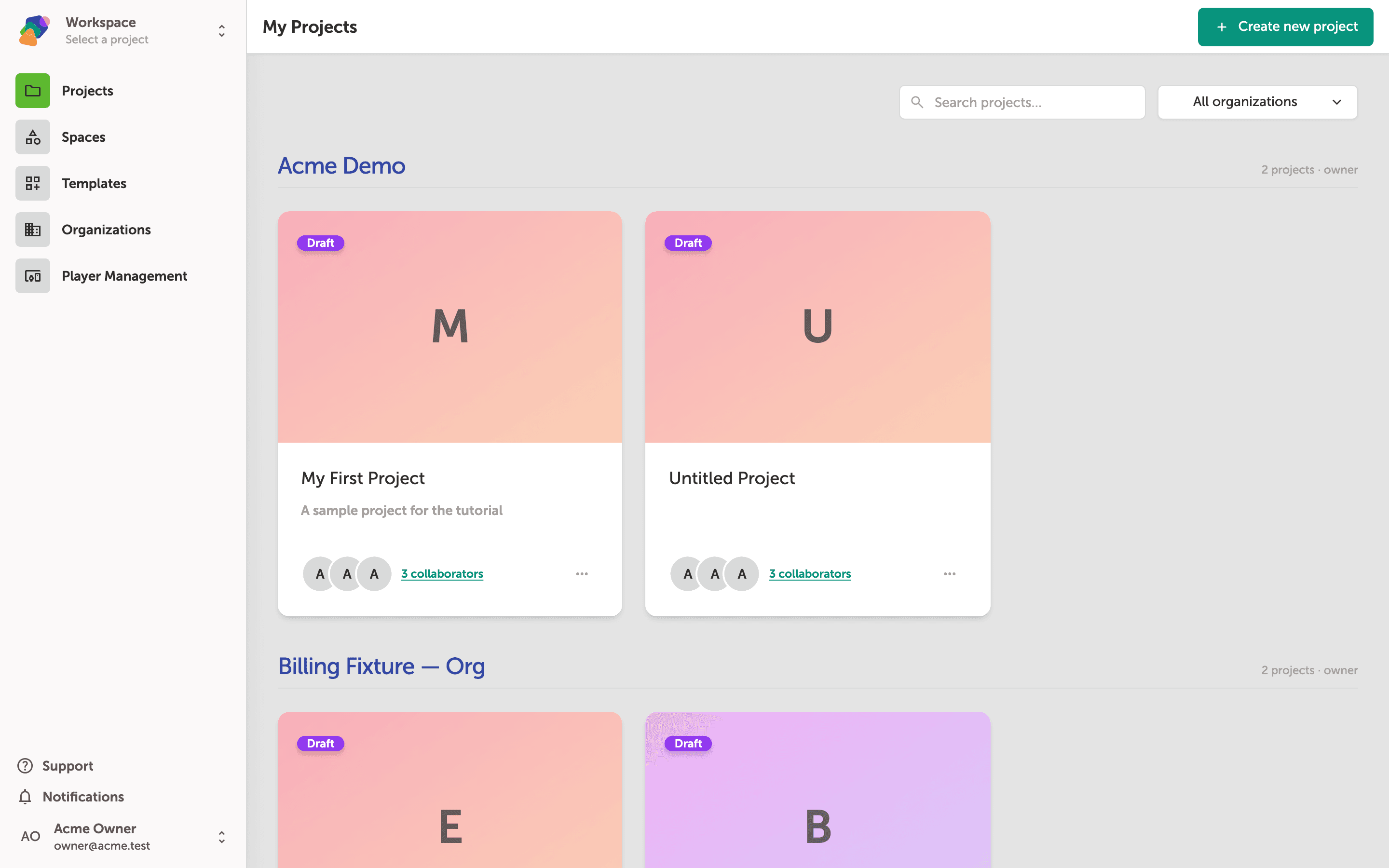 The My Projects dashboard showing two spaces—Acme Demo with one draft project and Acme Owner's Workspace with multiple draft project cards