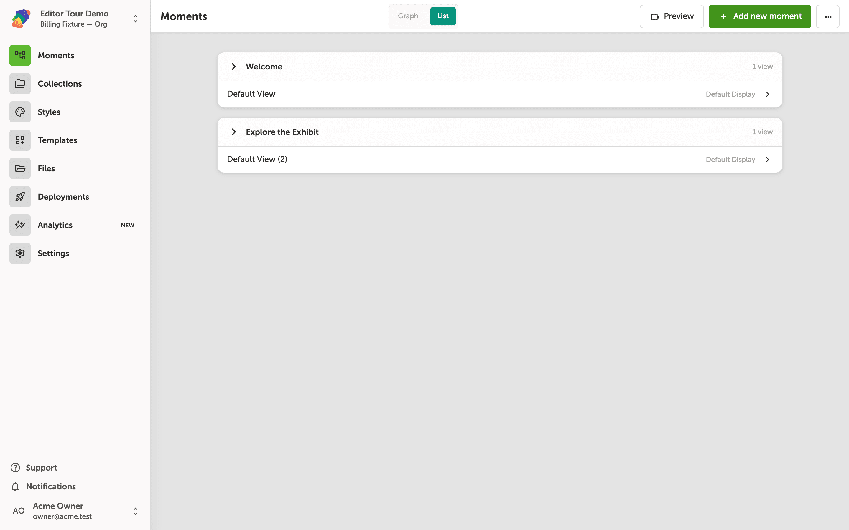 The Moments page in List view, showing Welcome with one Hero screen view linked to Library Display, and Explore the Exhibit with no views yet