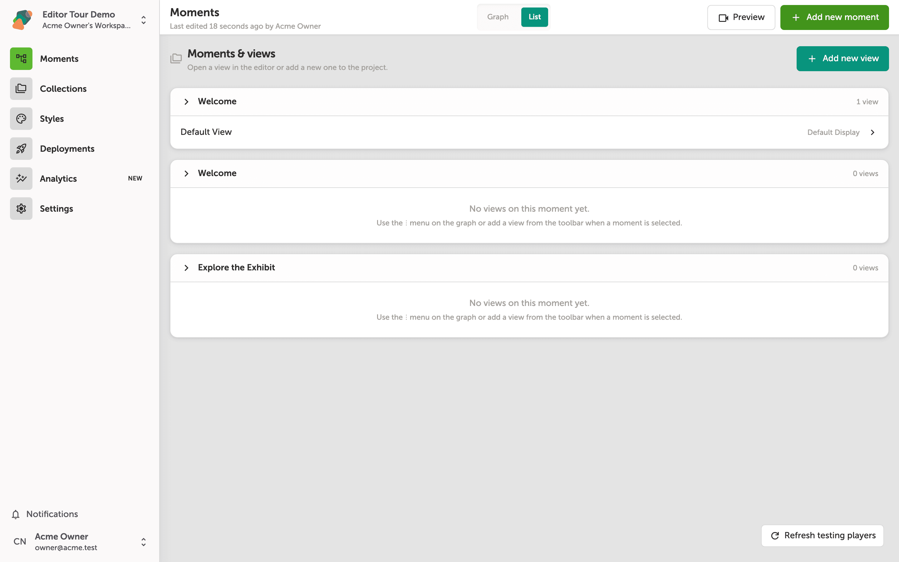 The Moments and views panel in list mode, showing two moments — Welcome and Explore the Exhibit — each with their associated views listed below them, alongside buttons to add new moments and views.