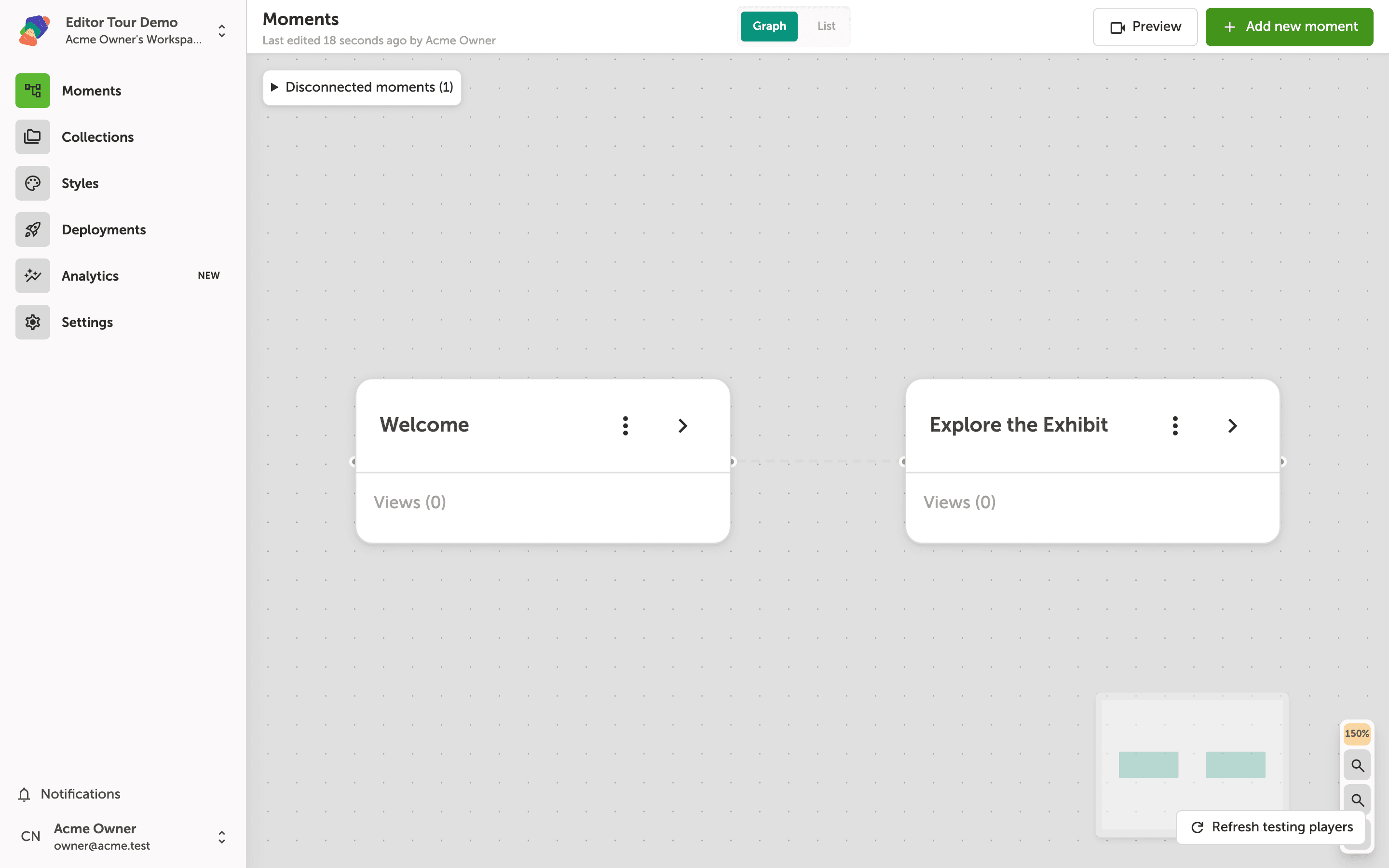 Graph mode showing two moments — Welcome and Explore the Exhibit — connected by a directional arrow, with a minimap in the bottom-right corner and zoom controls visible