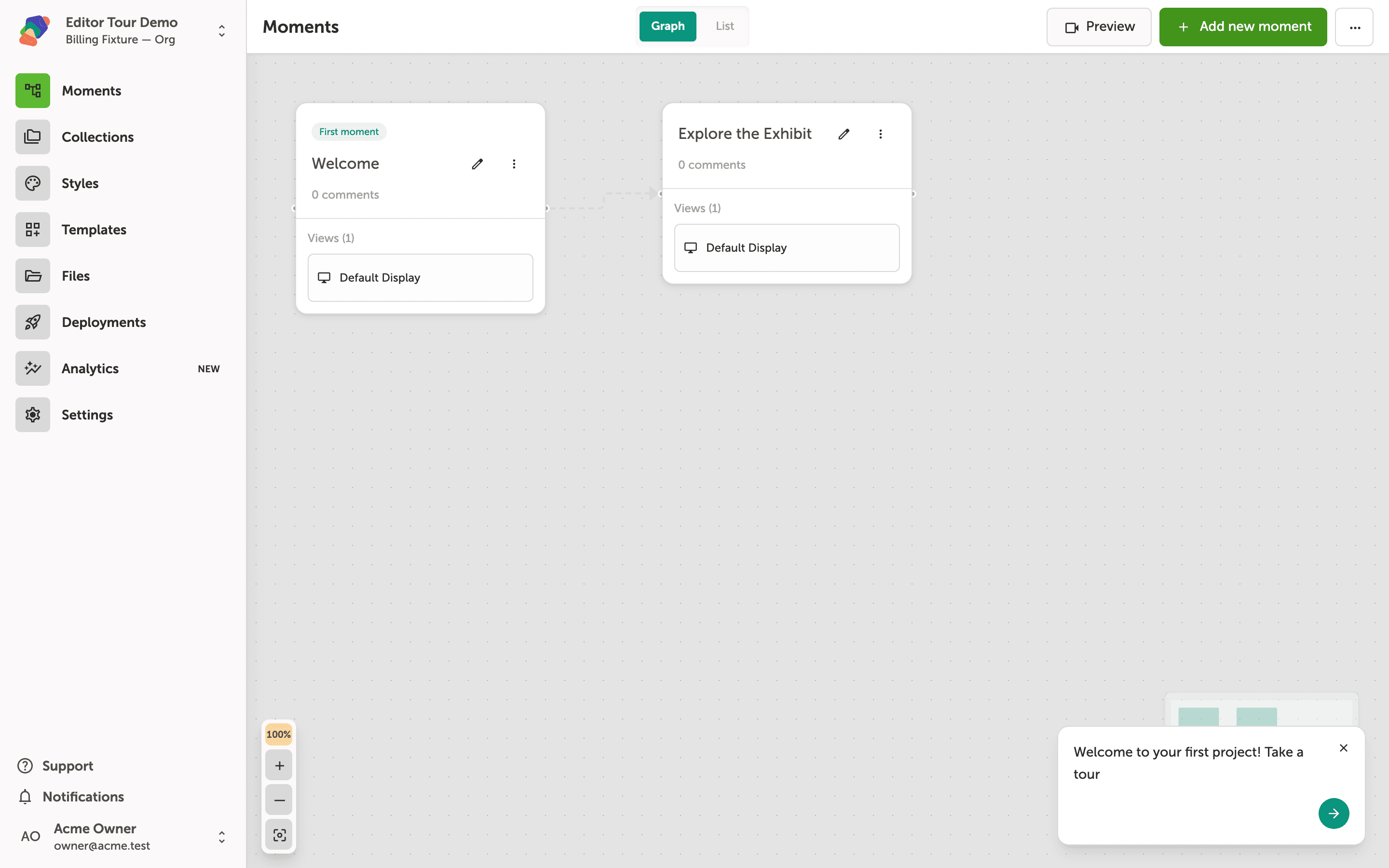 The Moments graph view with the Preview button highlighted in the top-right header, alongside the Add new moment button
