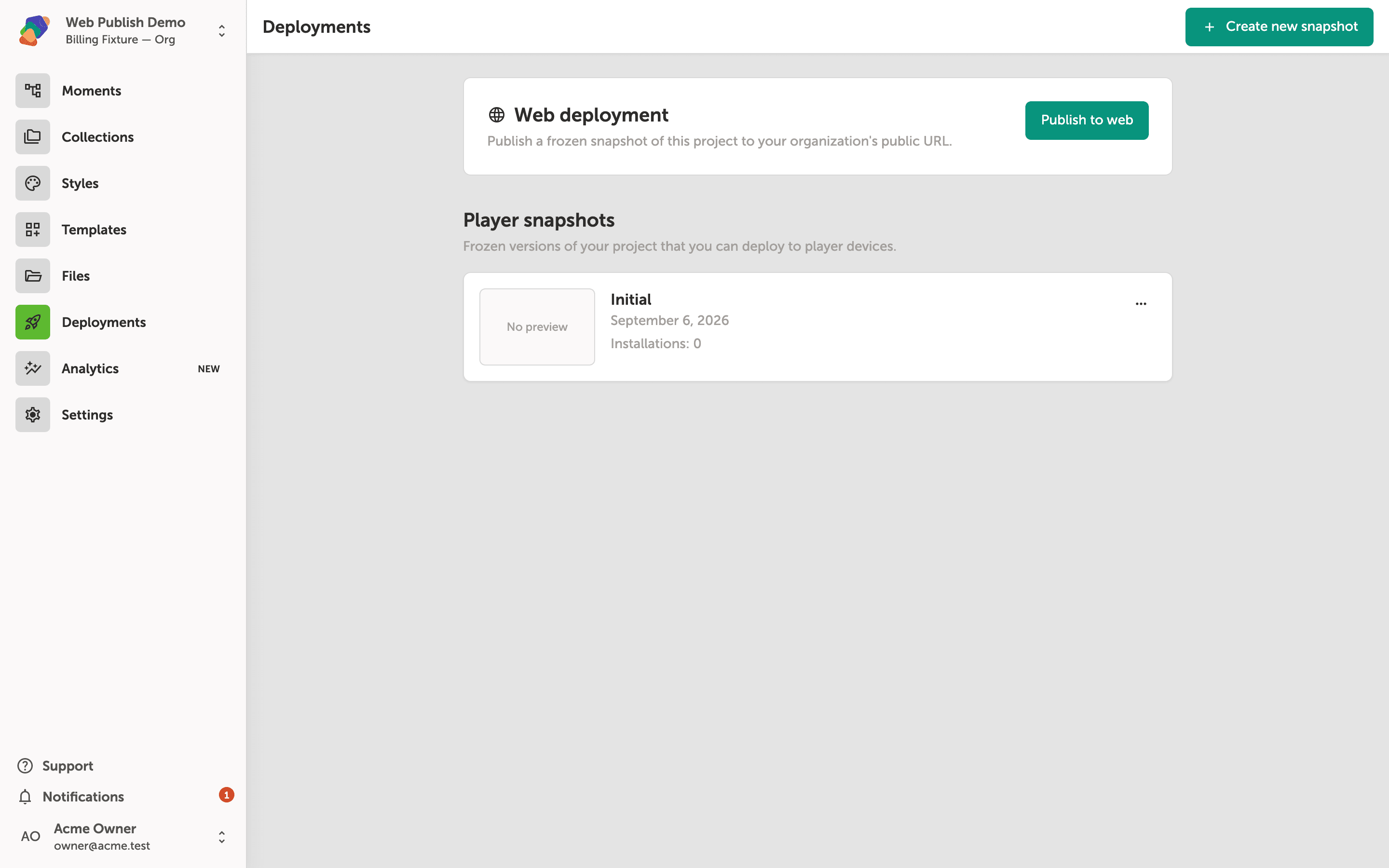 The Deployments page showing a Web deployment card with a Publish to web button, and a Player snapshots section listing one snapshot named Initial with no installations