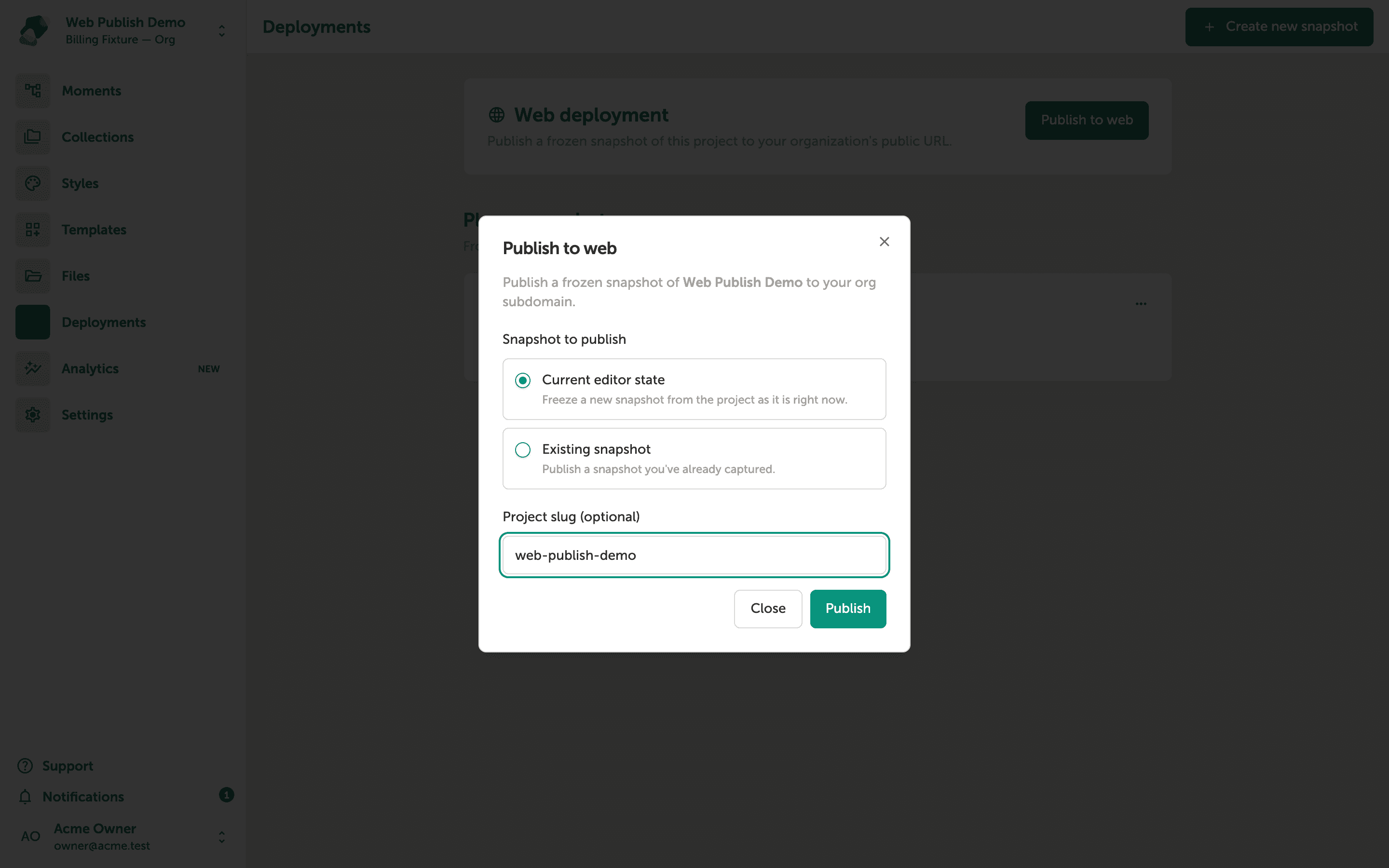 The Publish to web dialog with 'Current editor state' selected and the project slug field showing 'web-publish-demo', with Close and Publish buttons at the bottom