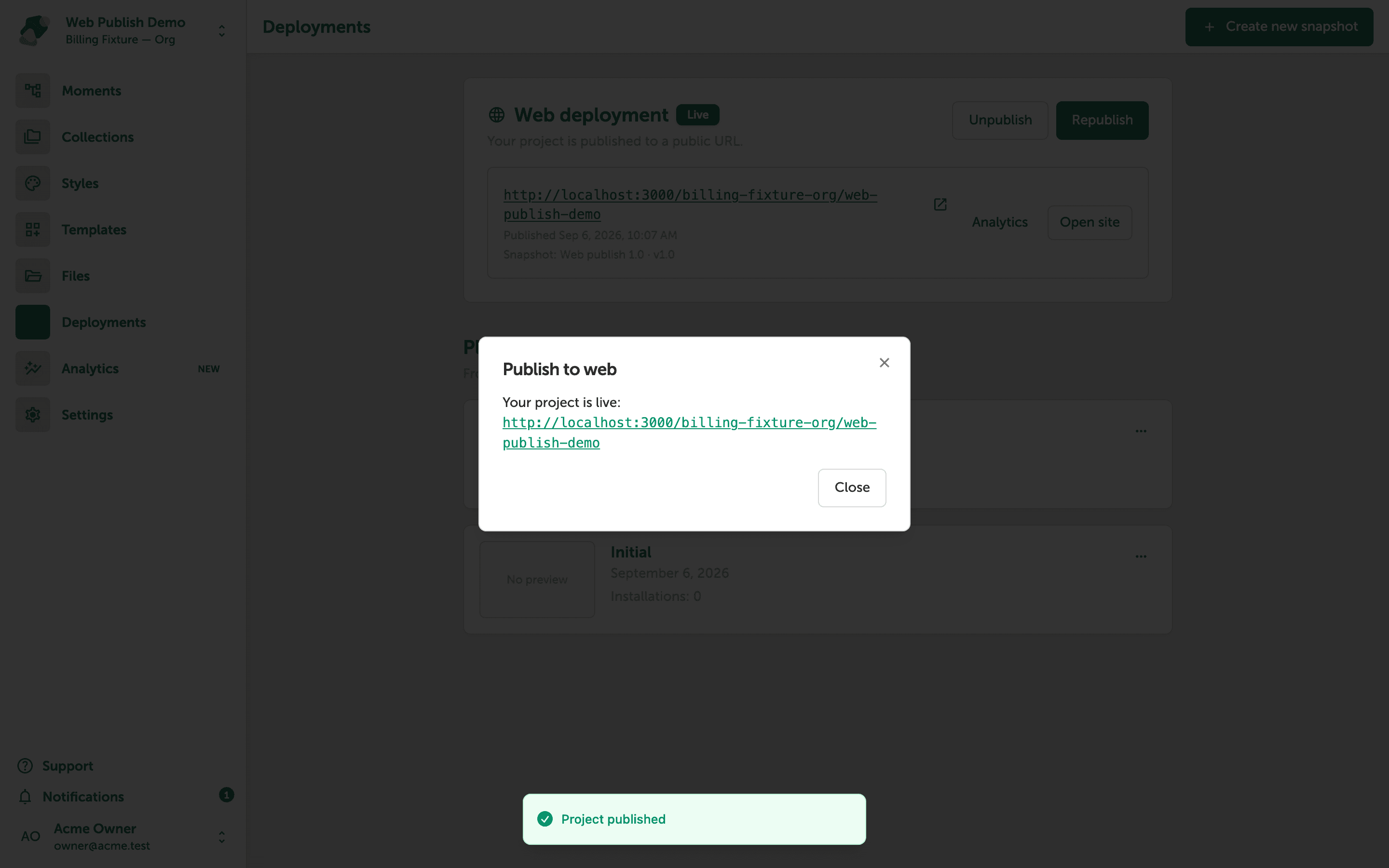 A dialog titled 'Publish to web' over the Deployments page, showing a live public URL and a 'Project published' success banner at the bottom of the screen