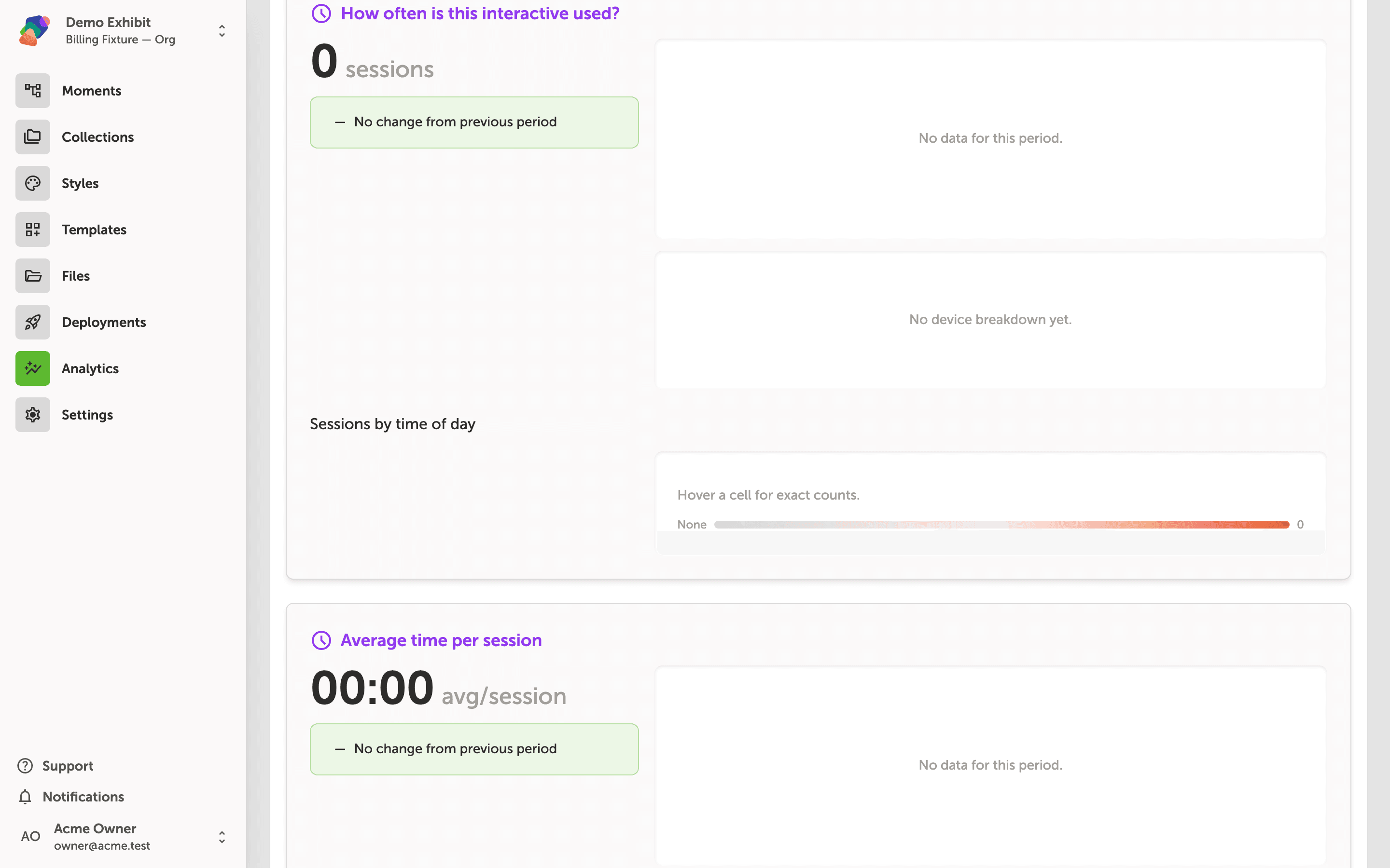 The User Engagement tab of the Analytics dashboard showing 3 sessions for the last 7 days, a flat line chart comparing the current and previous periods, and a device breakdown table listing Web—Initial with 3 sessions and no change from the previous period