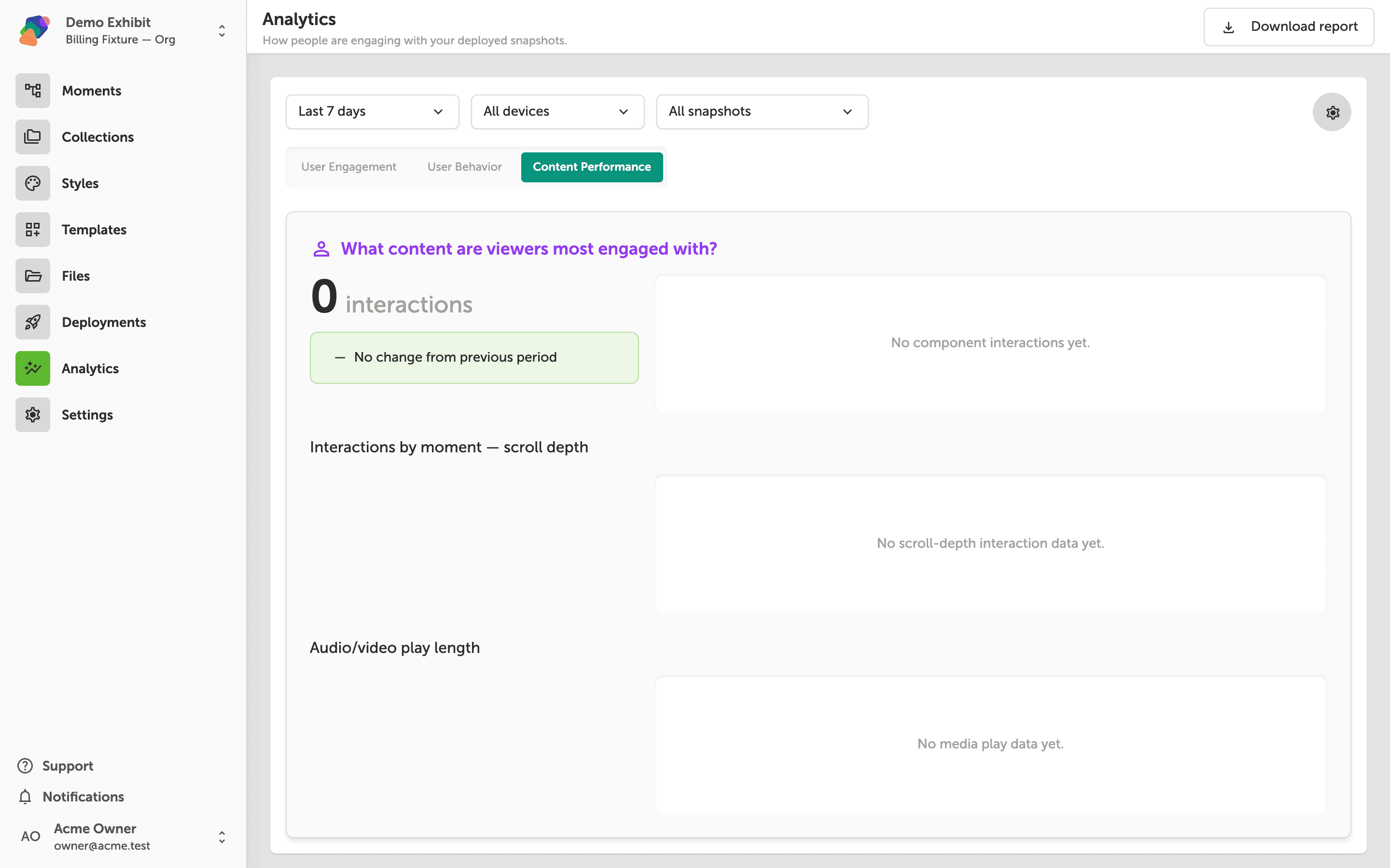 The Analytics page with the Content Performance tab active, showing a total of 3 interactions, a component interaction table with a period-over-period comparison, a scroll depth heatmap for the Welcome moment, and an empty audio/video play length section.
