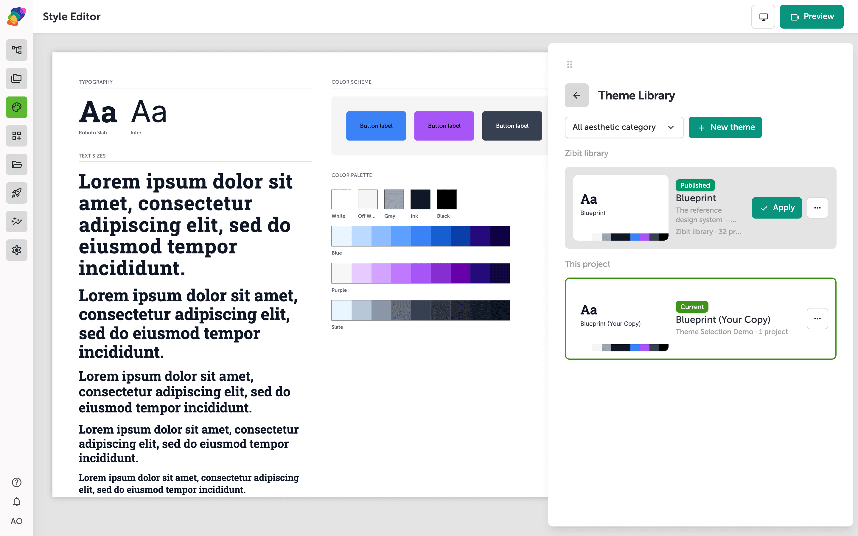 The Theme Library drawer open inside the Style Editor, showing theme cards grouped by scope. The active theme displays a Current badge.