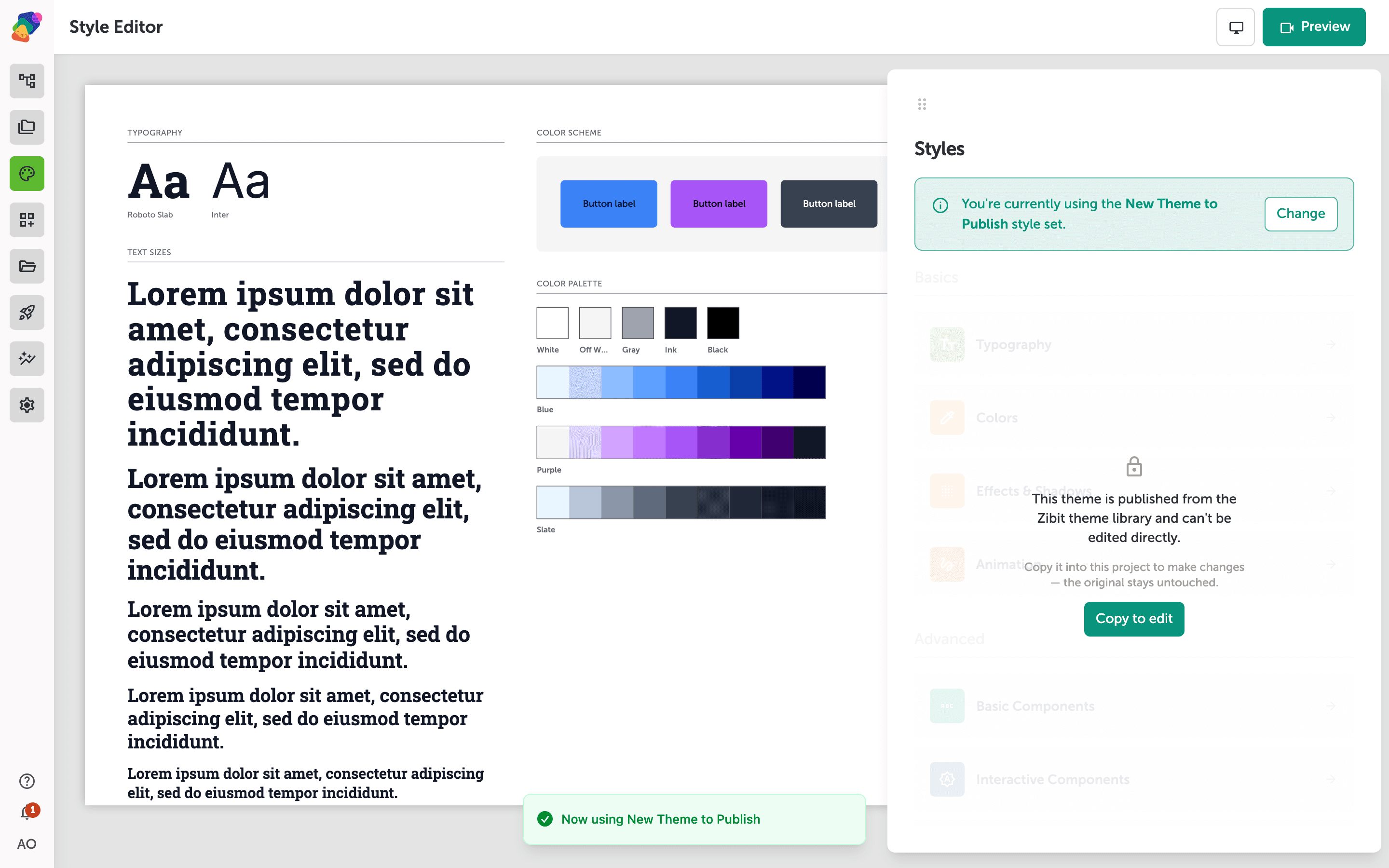 The Style Editor after applying a new theme, showing updated colors, typography, and component style previews on the canvas.