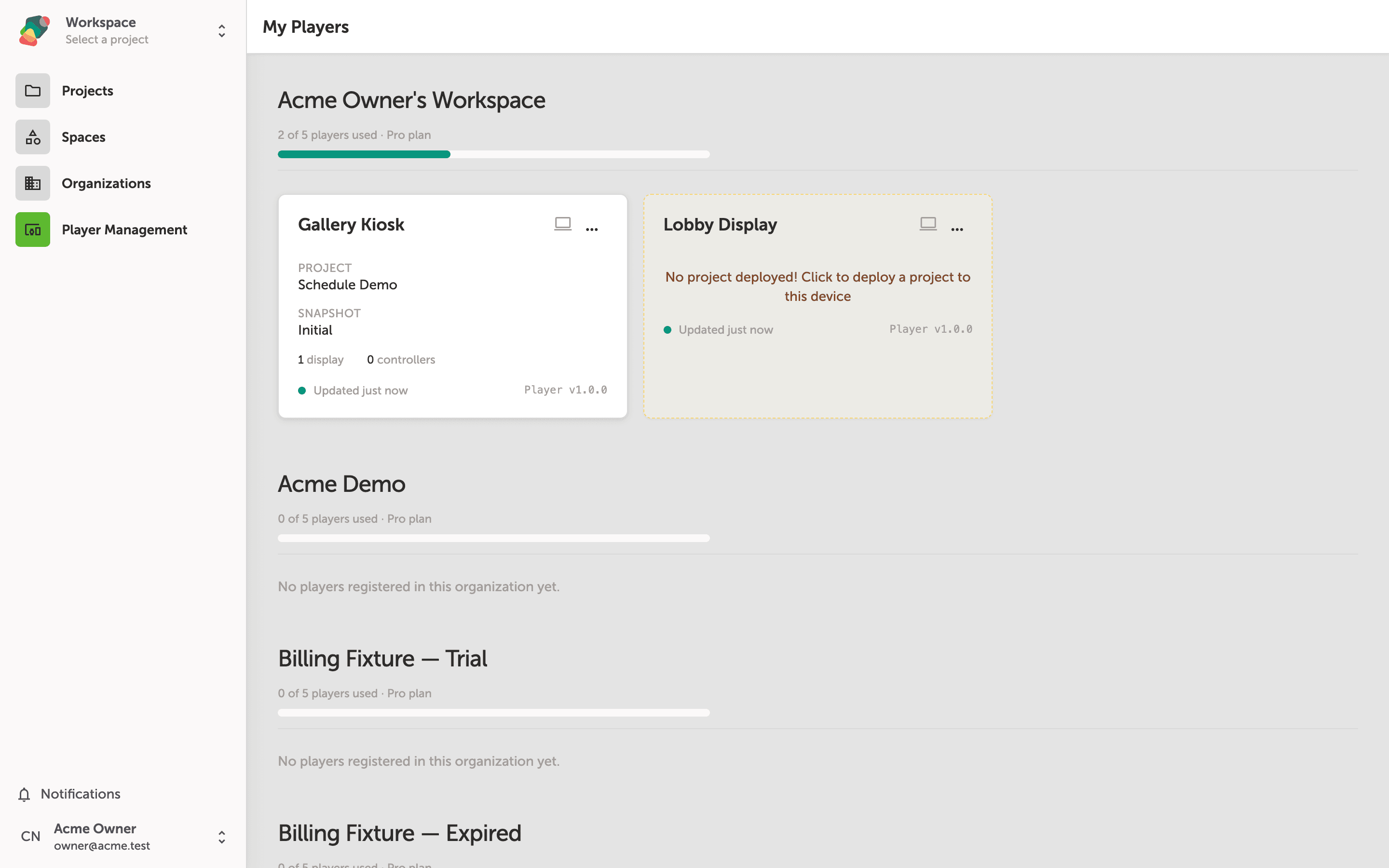 The My Players page showing a list of registered devices across multiple workspaces, each with an Actions button for device-specific settings.