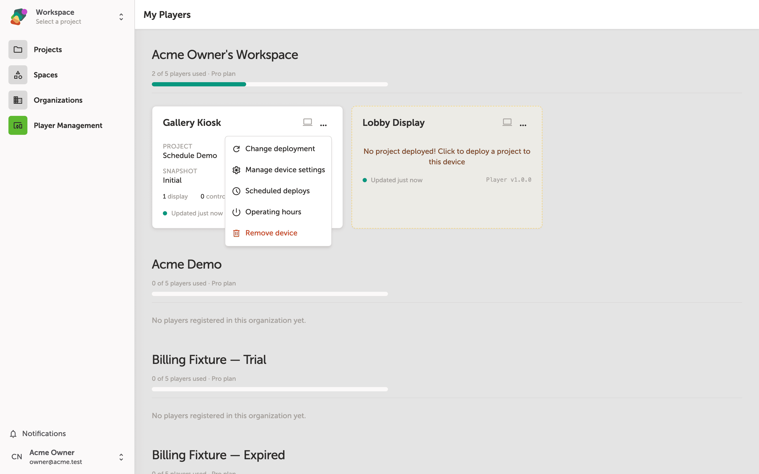 The My Players page showing a list of players including Gallery Kiosk and Lobby Display, each with an Actions button to the right