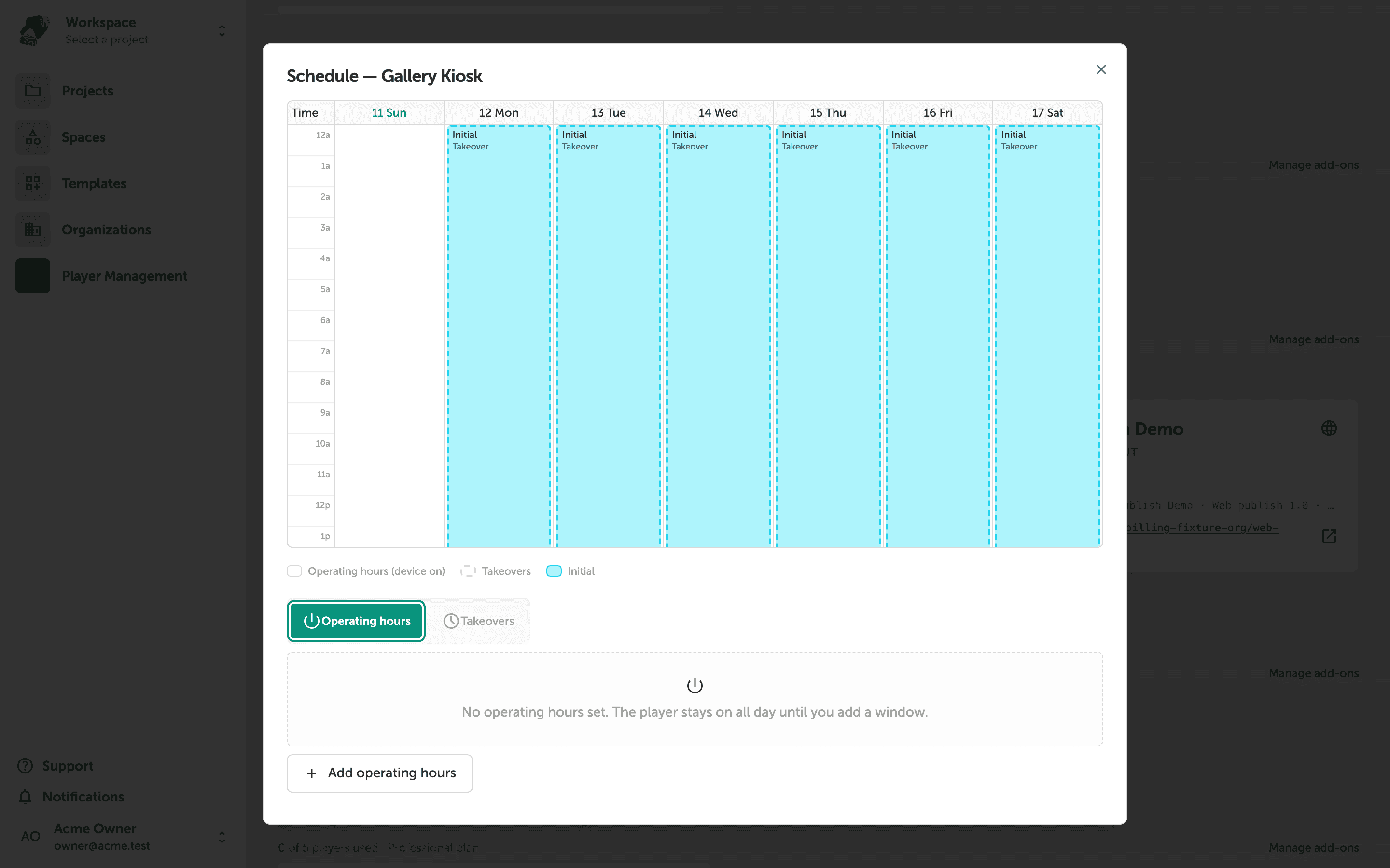 A modal dialog titled Schedule—Gallery Kiosk showing a weekly calendar grid from Thursday the 13th through Wednesday the 19th. Each day column contains a light blue block labeled Initial spanning the full day. Below the calendar are Operating hours and Content deploys tabs, a legend, and an Add operating hours button.
