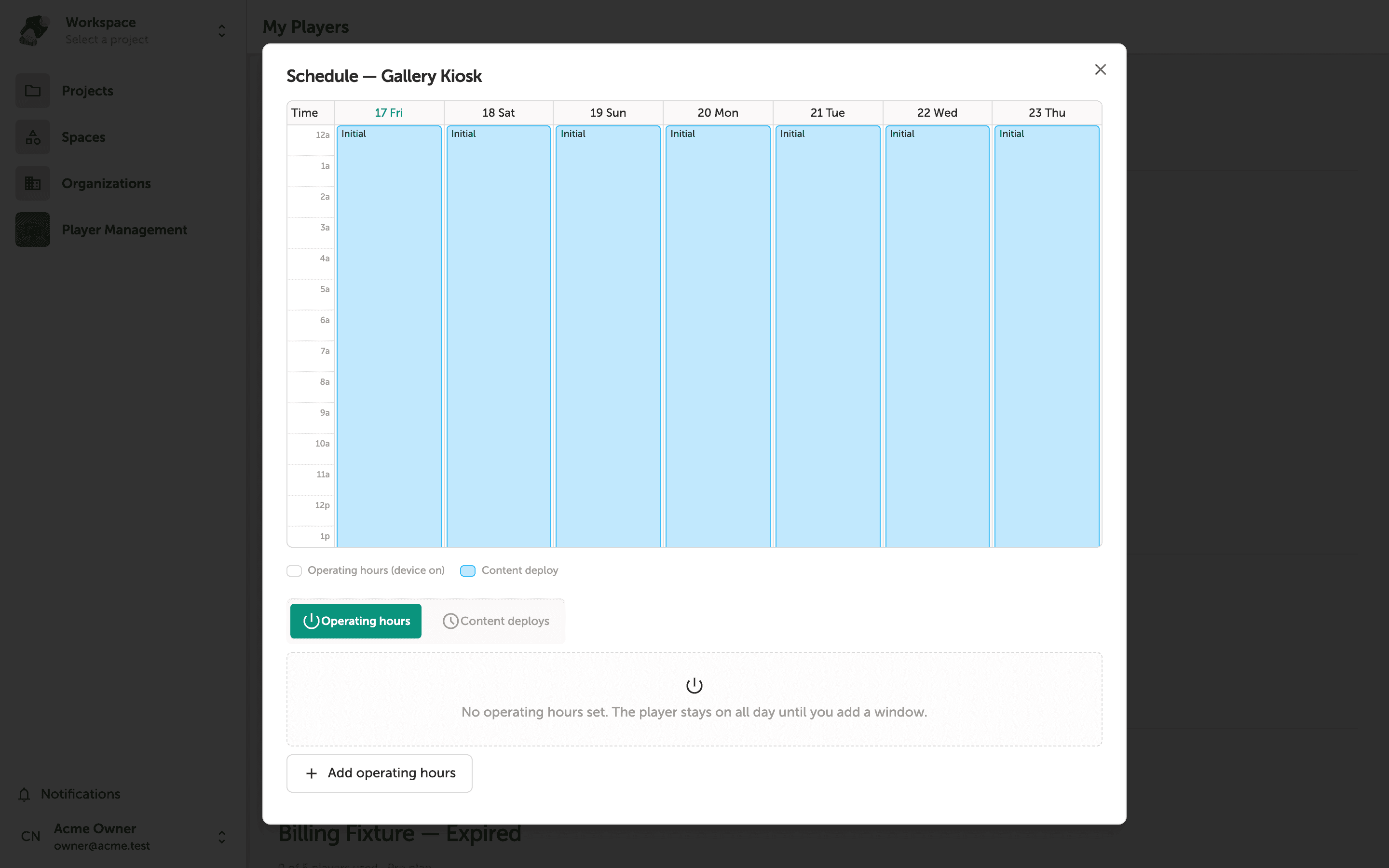 A dialog titled 'Manage schedule — Gallery Kiosk' showing a weekly calendar grid organized by day and hour, with an 'Add schedule' button and a 'Close' button.