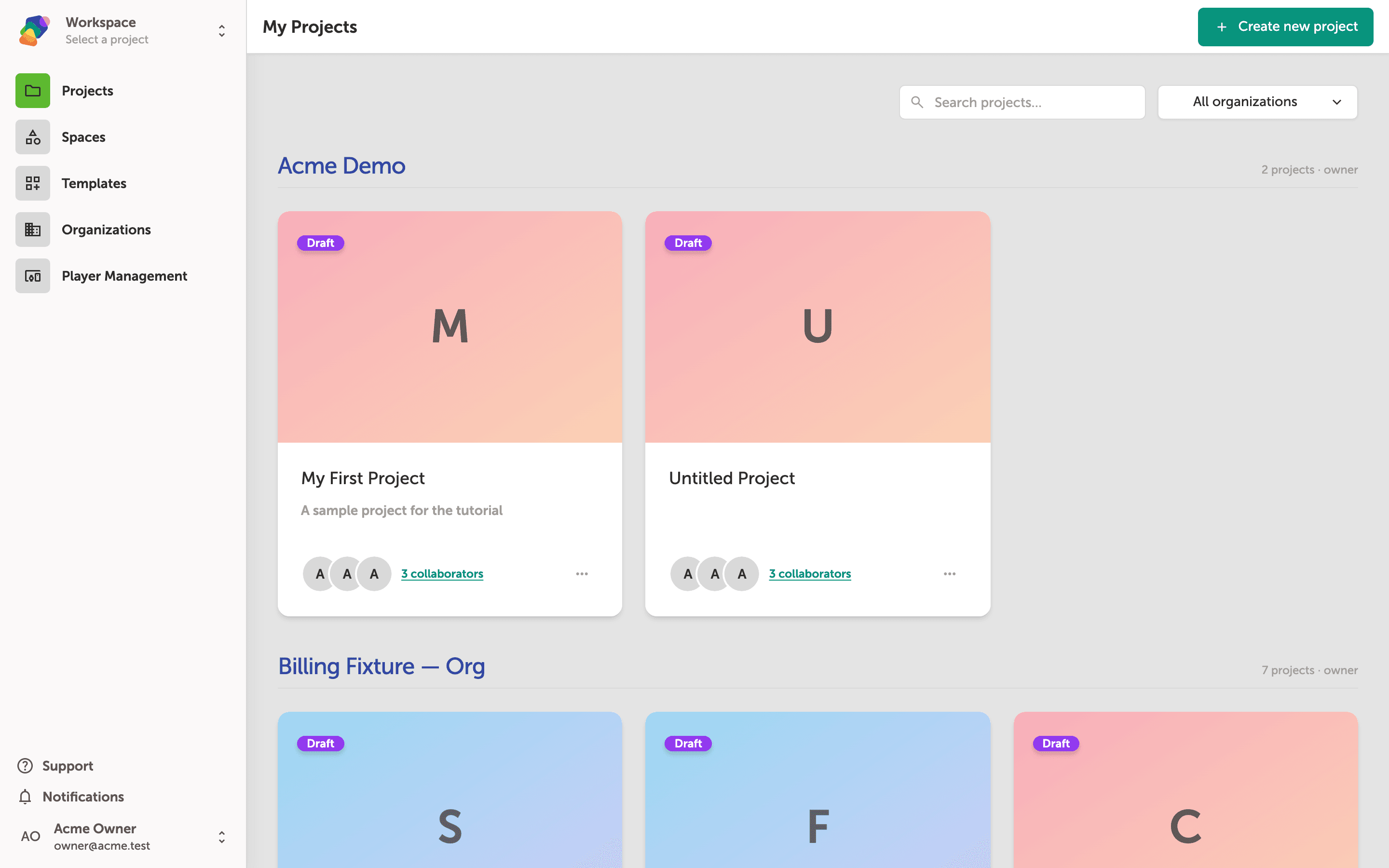 The My Projects dashboard showing two spaces—Acme Demo and Acme Owner's Workspace—each containing project cards with collaborator indicators and three-dot action menus