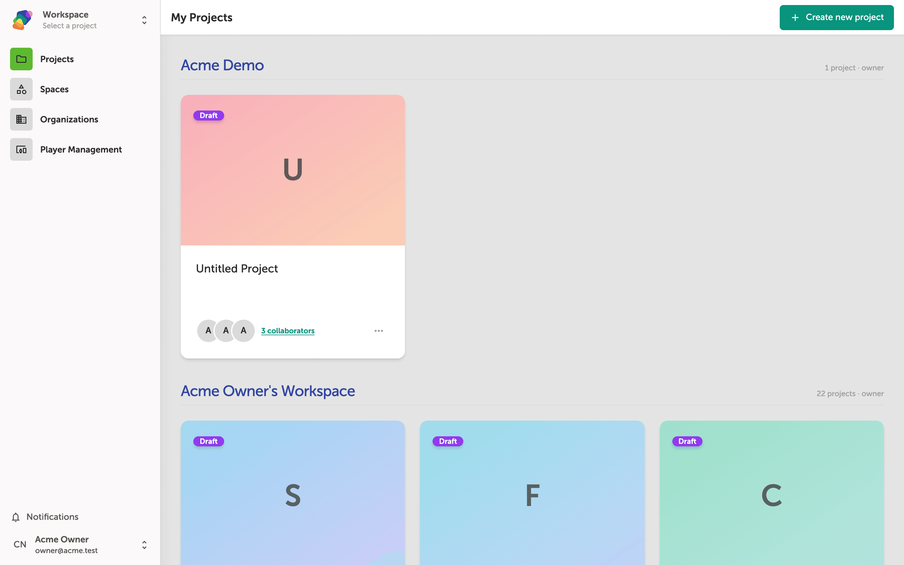 The My Projects dashboard showing a grid of project cards, each with a three-dot actions menu button and a collaborator icon indicating how many people have access