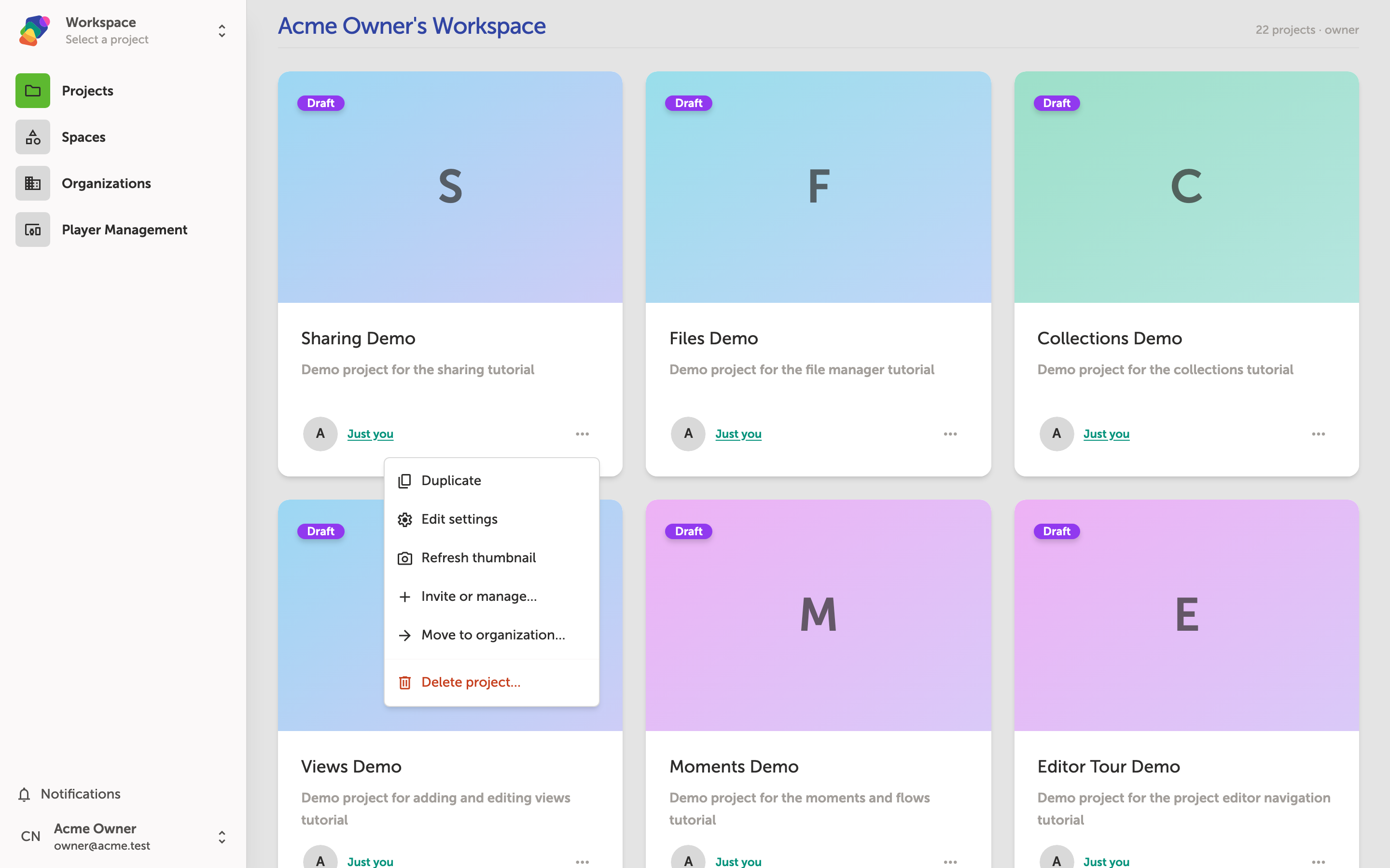 The My Projects dashboard showing a grid of project cards. Each card displays a collaborator avatar button and a three-dot project actions menu in the top-right corner.