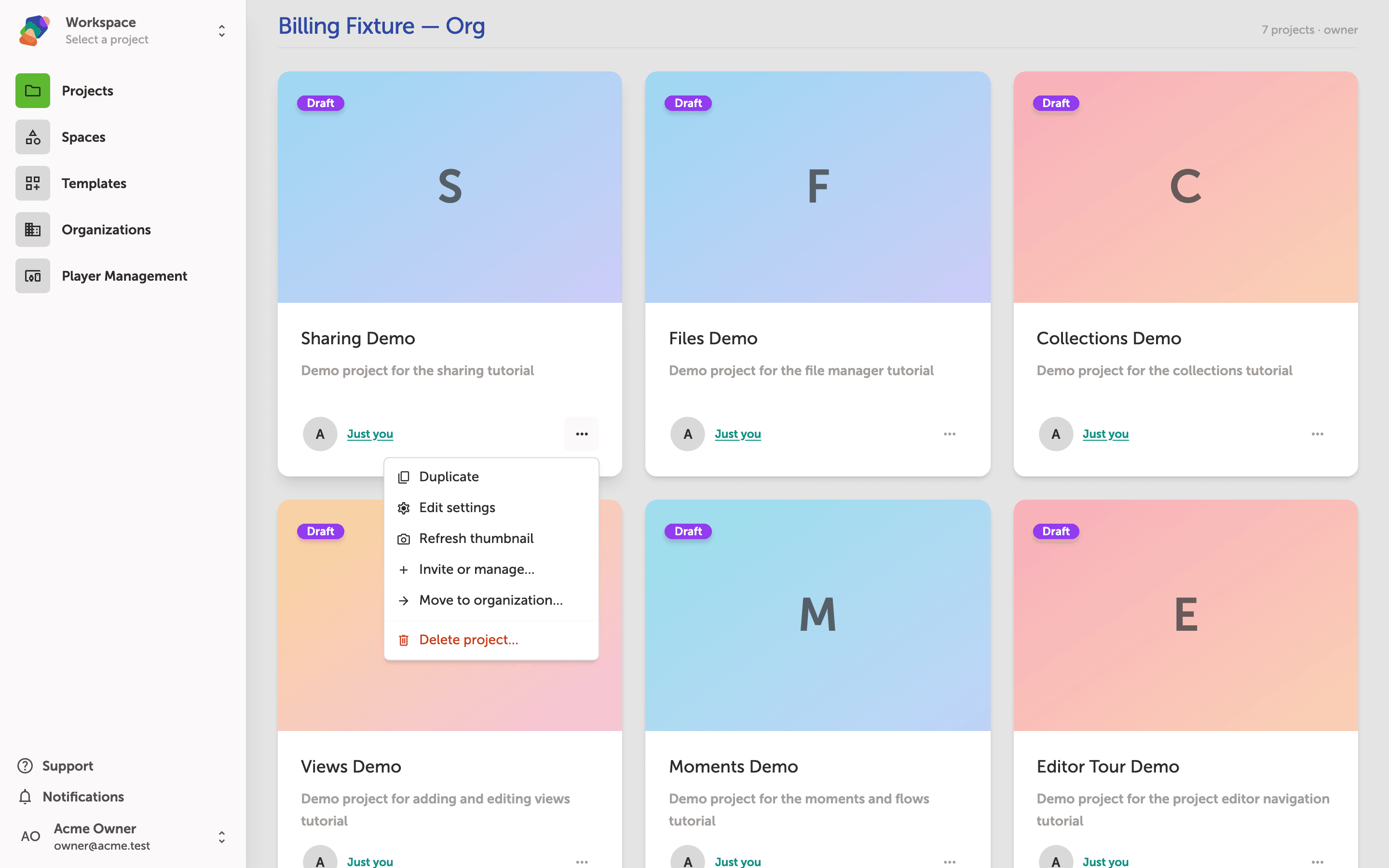 A project card context menu is open over the Sharing Demo card, showing options including Duplicate, Edit settings, Refresh thumbnail, Invite or manage, Move to organization, and Delete project