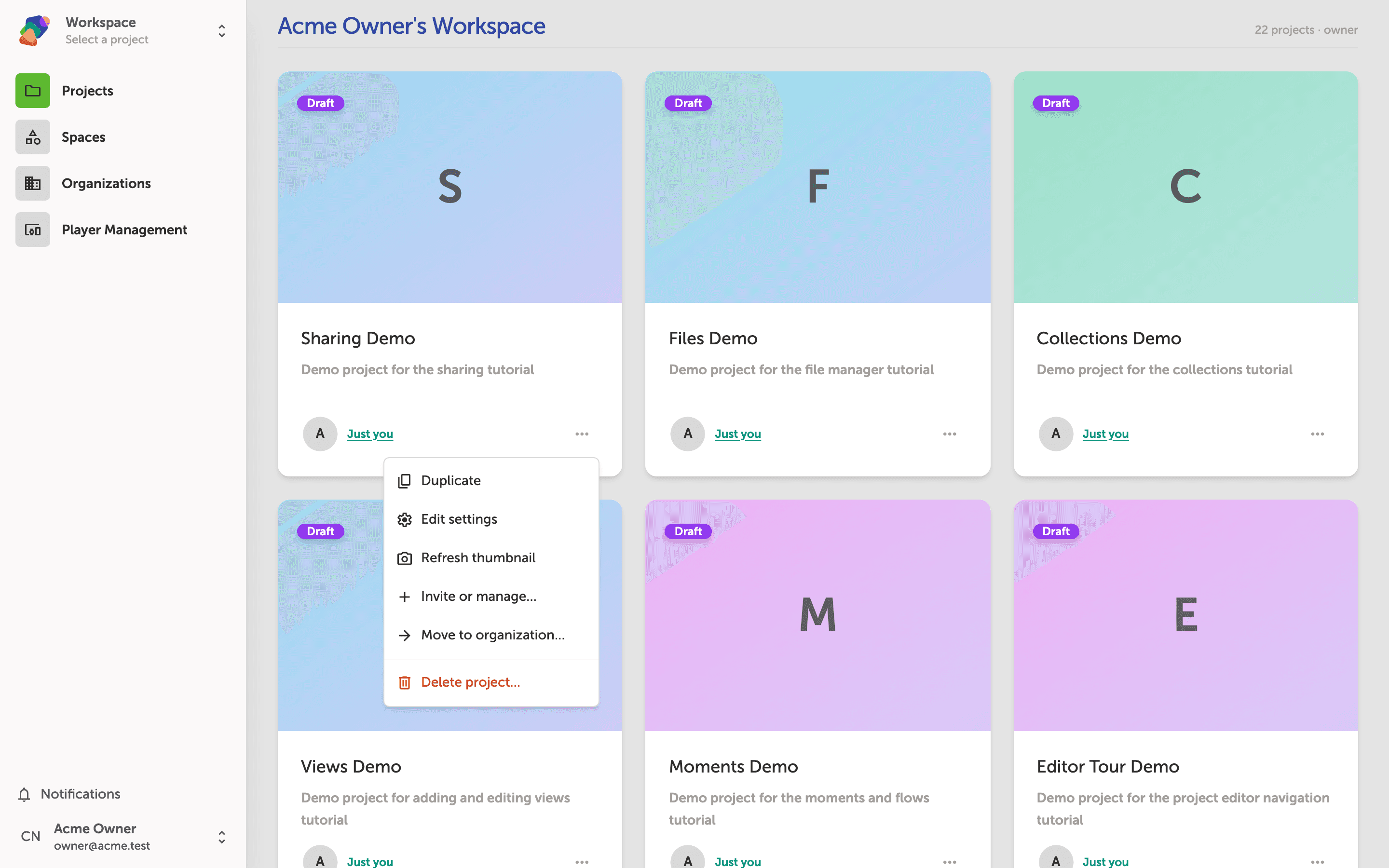 The My Projects dashboard showing a grid of project cards. Each card displays a collaborator avatar button and a three-dot project actions menu in the top-right corner.