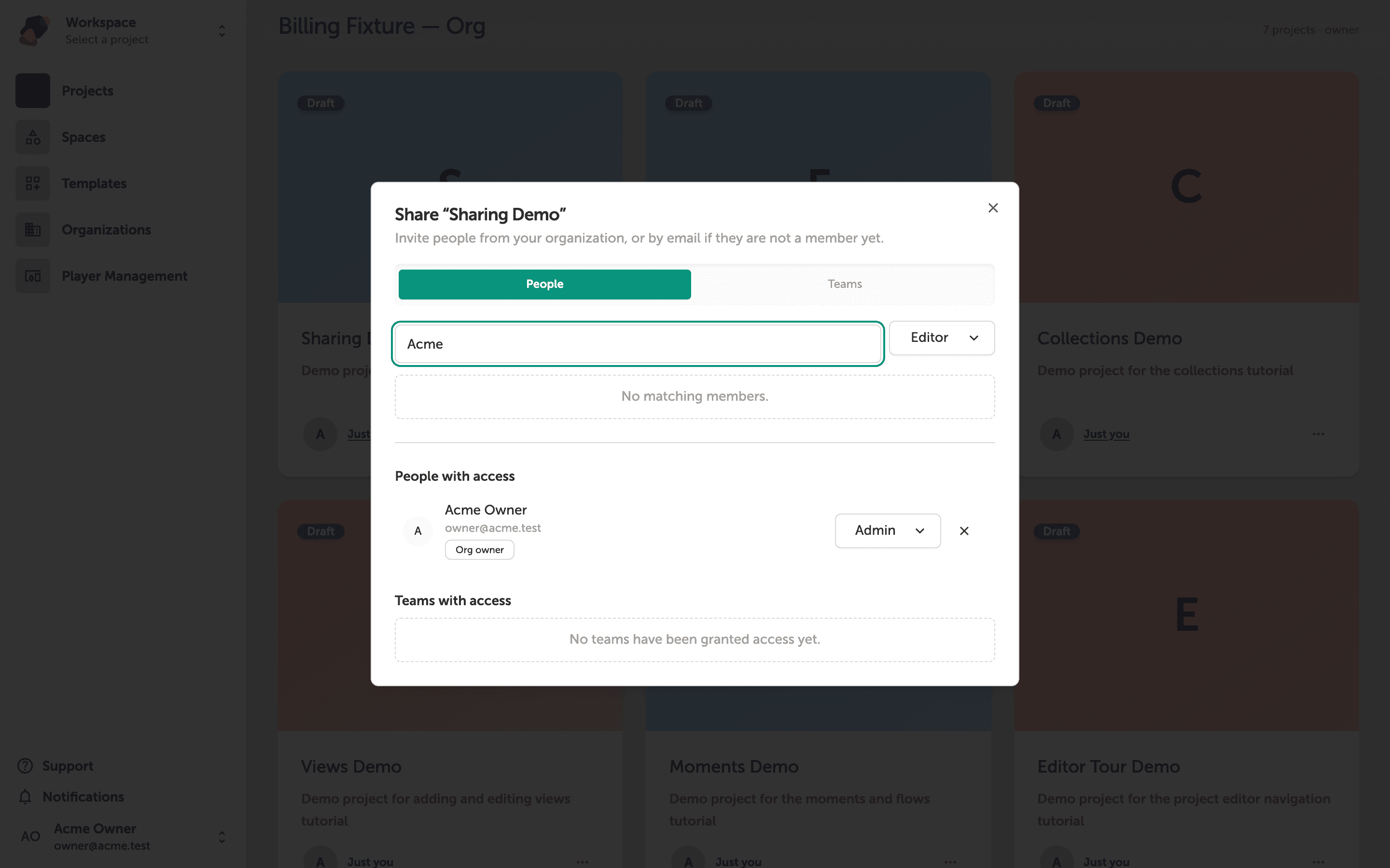 The Share Sharing Demo dialog open over the projects dashboard, with a search field containing the text Acme, a role dropdown set to Editor, and two loading sections labeled People with access and Teams with access