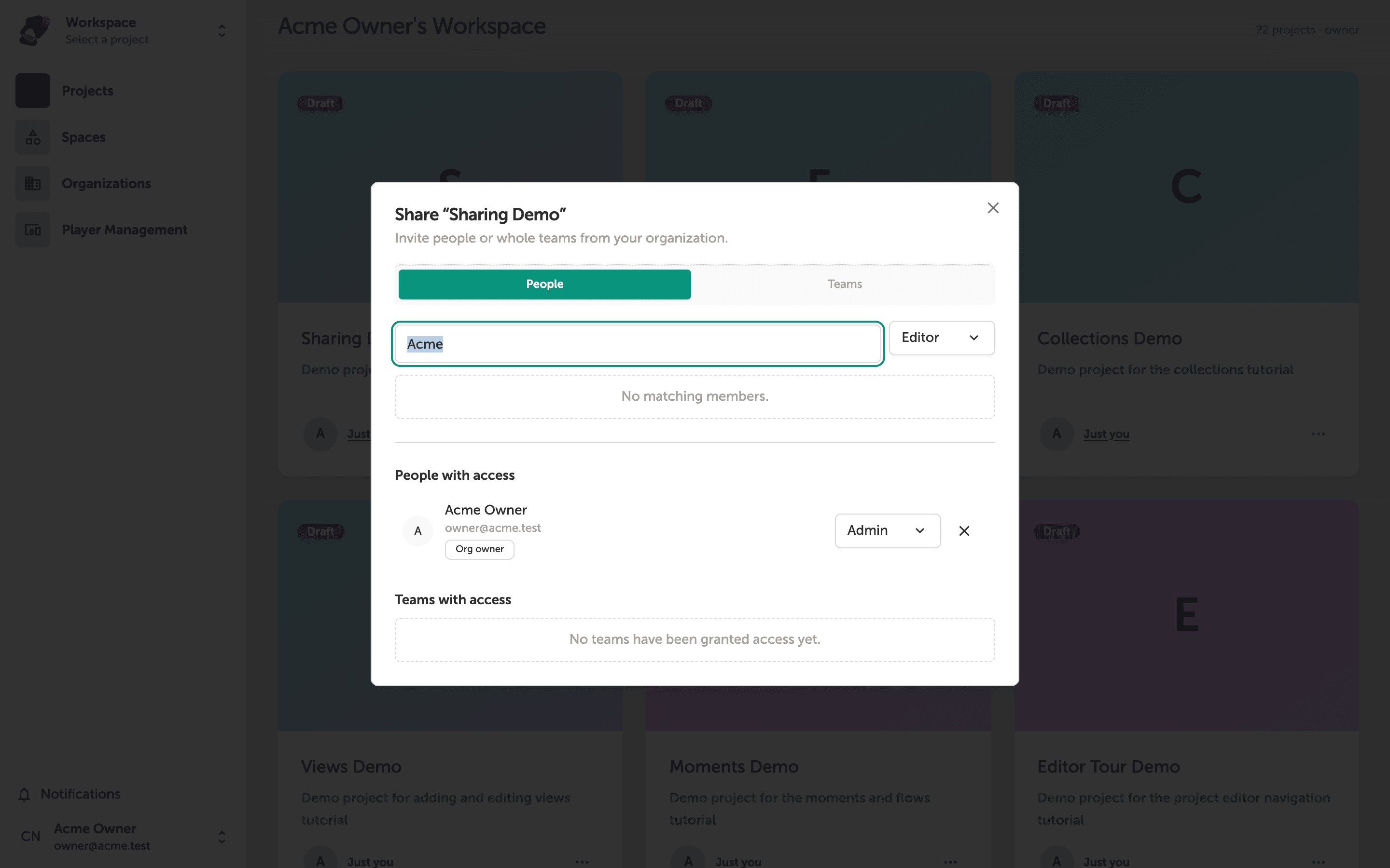 The Share dialog for a project called Sharing Demo, showing sections for People with access and Teams with access, with role selector buttons and a remove option for each collaborator