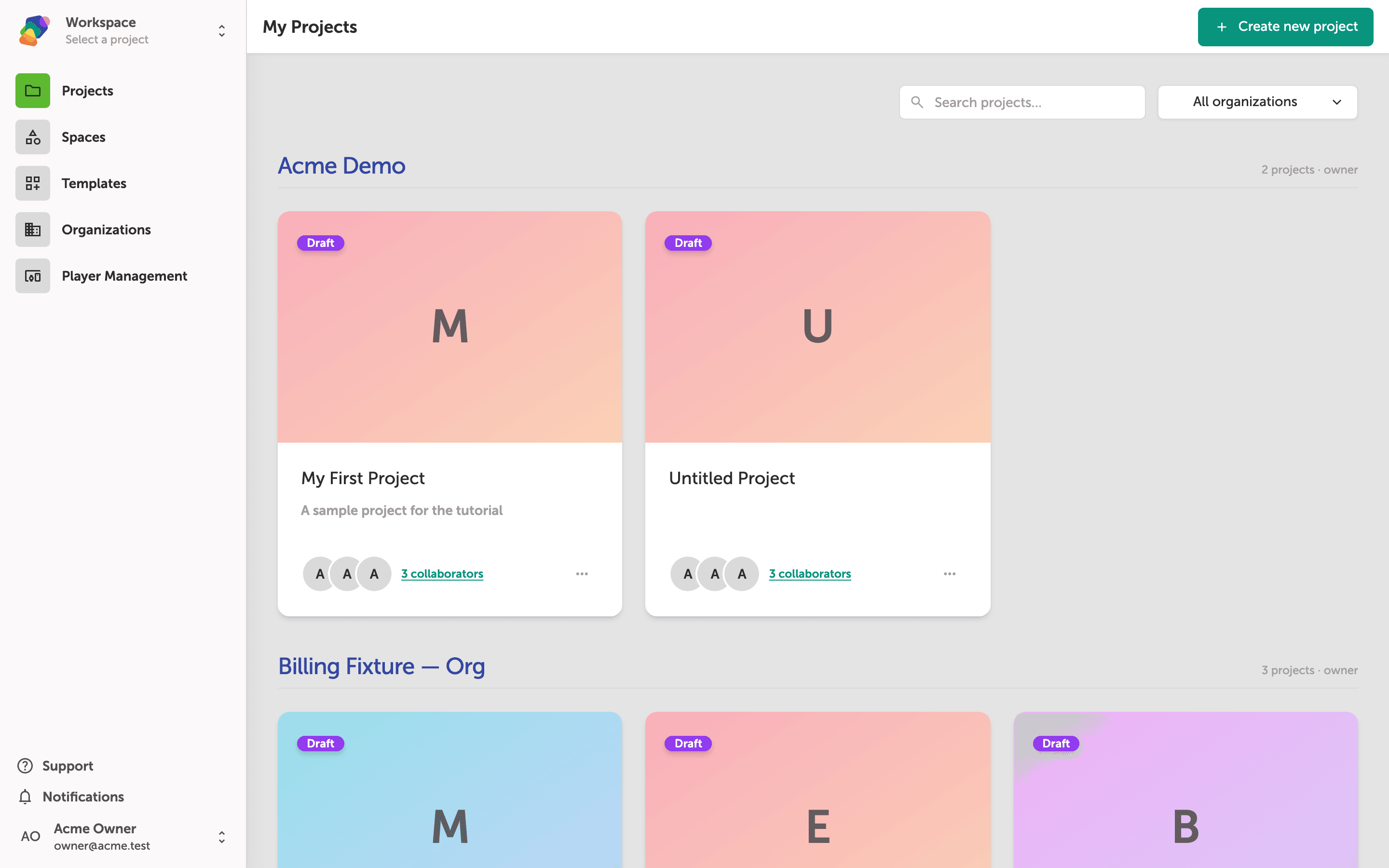 The My Projects dashboard showing two spaces—Acme Demo with one project and Acme Owner's Workspace with multiple project cards, all marked as Draft