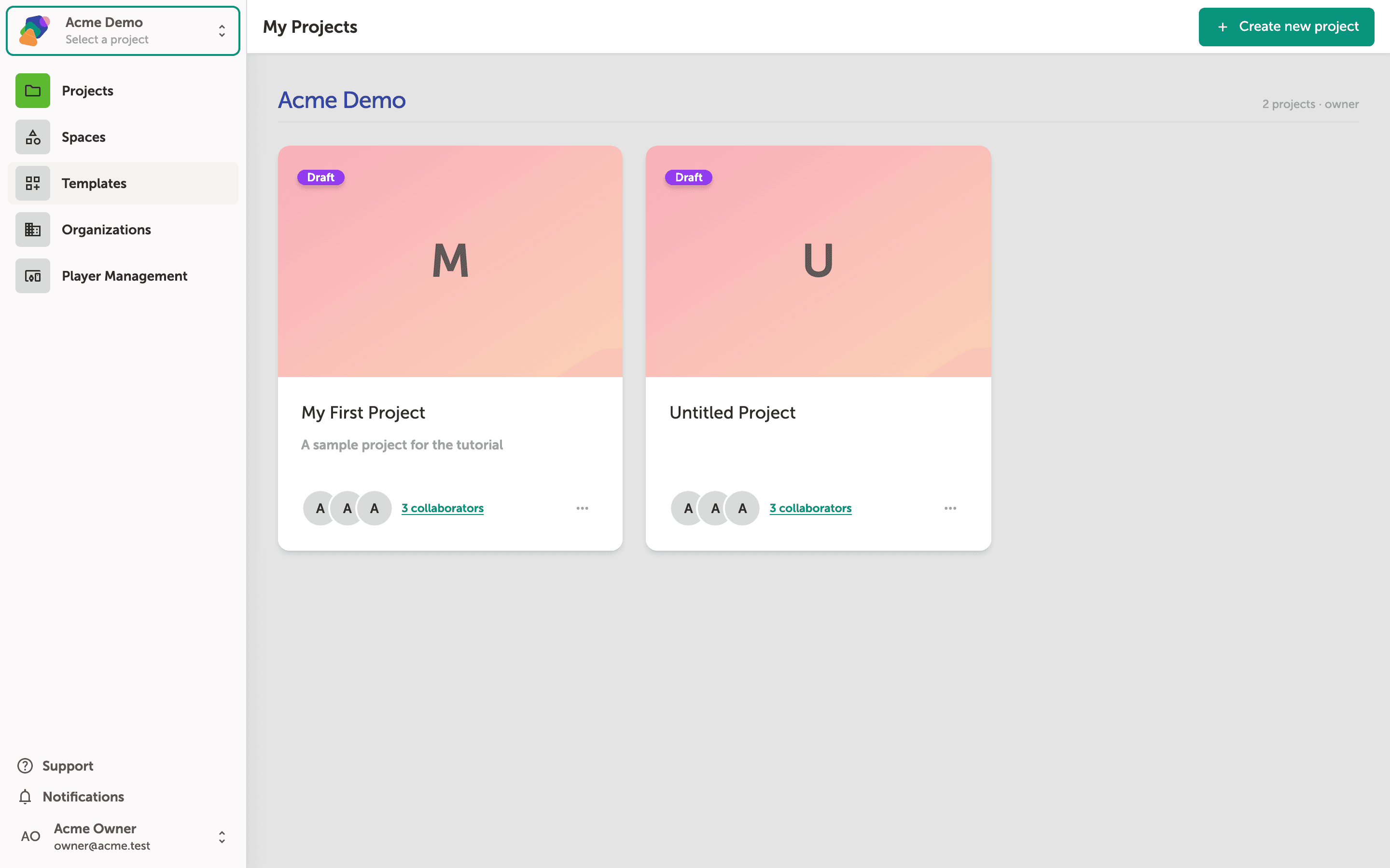 The My Projects page with Acme Demo shown as the active organization in the sidebar. The main area displays a loading grid of project cards and a Create new project button in the top-right corner.