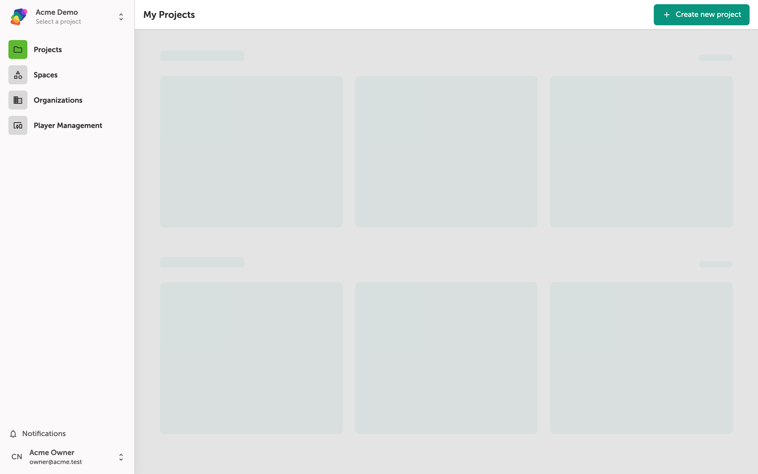 The My Projects page showing the Acme Demo organization workspace with one project listed called My First Project, along with a Create new project button in the top area.