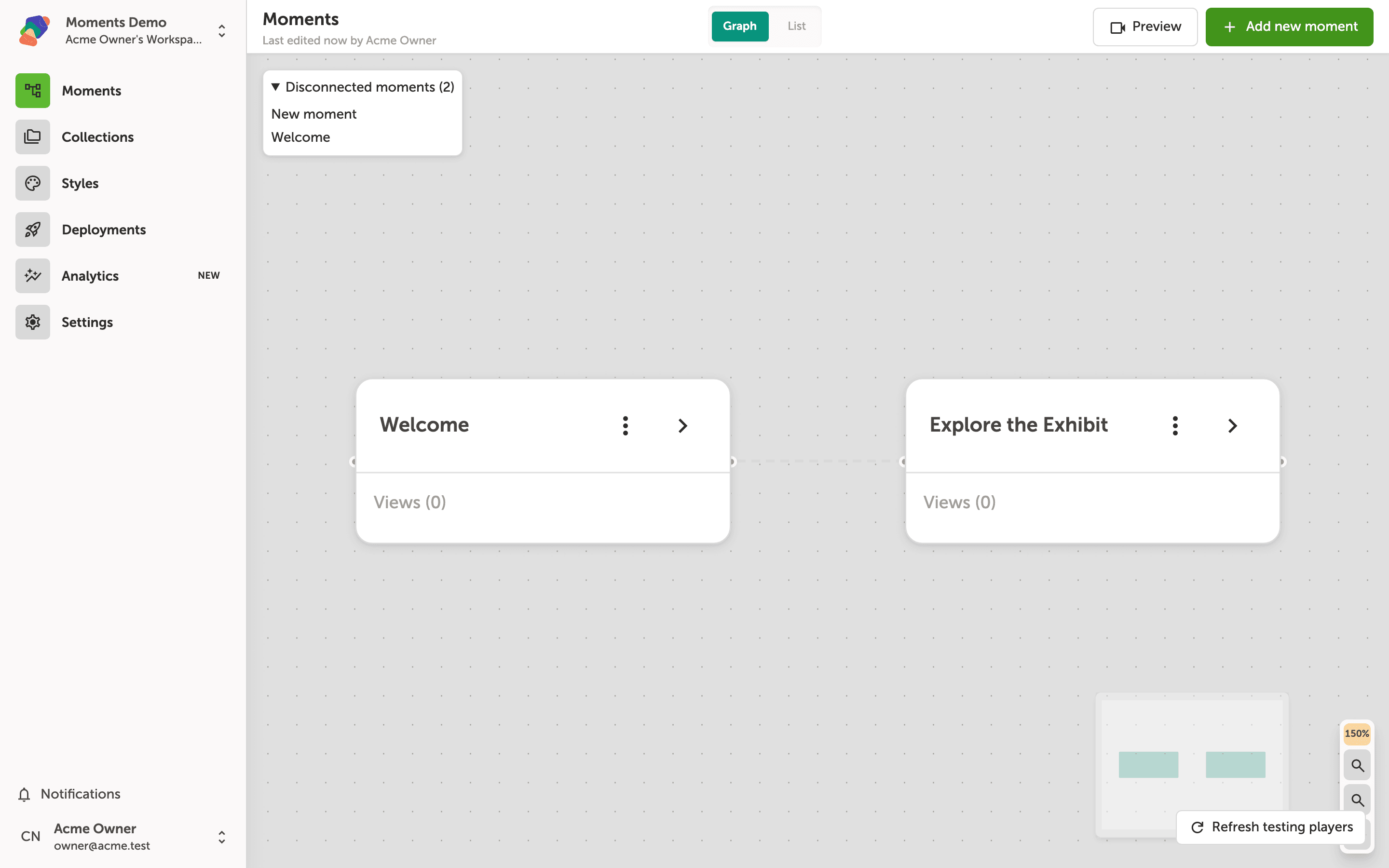 The Zibit project editor showing a canvas with two existing moments labeled 'Welcome' and 'Explore the Exhibit', and an 'Add new moment' button in the toolbar.