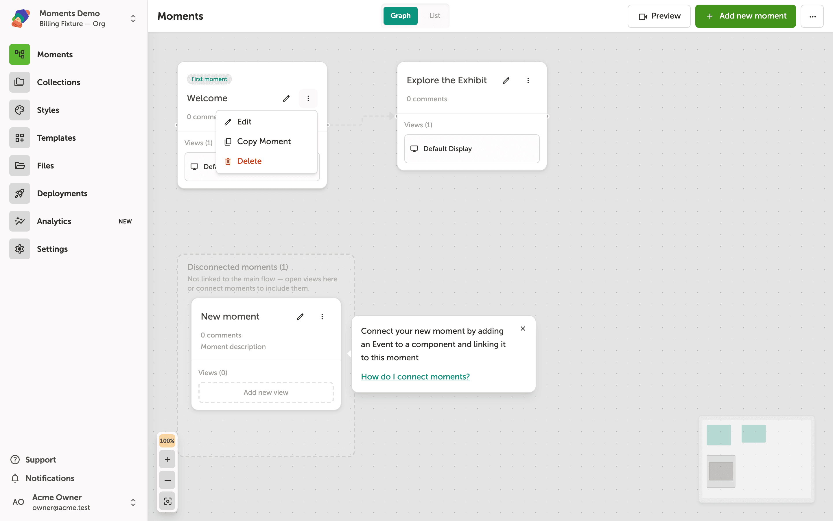 The Moments graph with a context menu open on the Welcome moment card, showing Edit, Add View, Copy Moment, and Delete