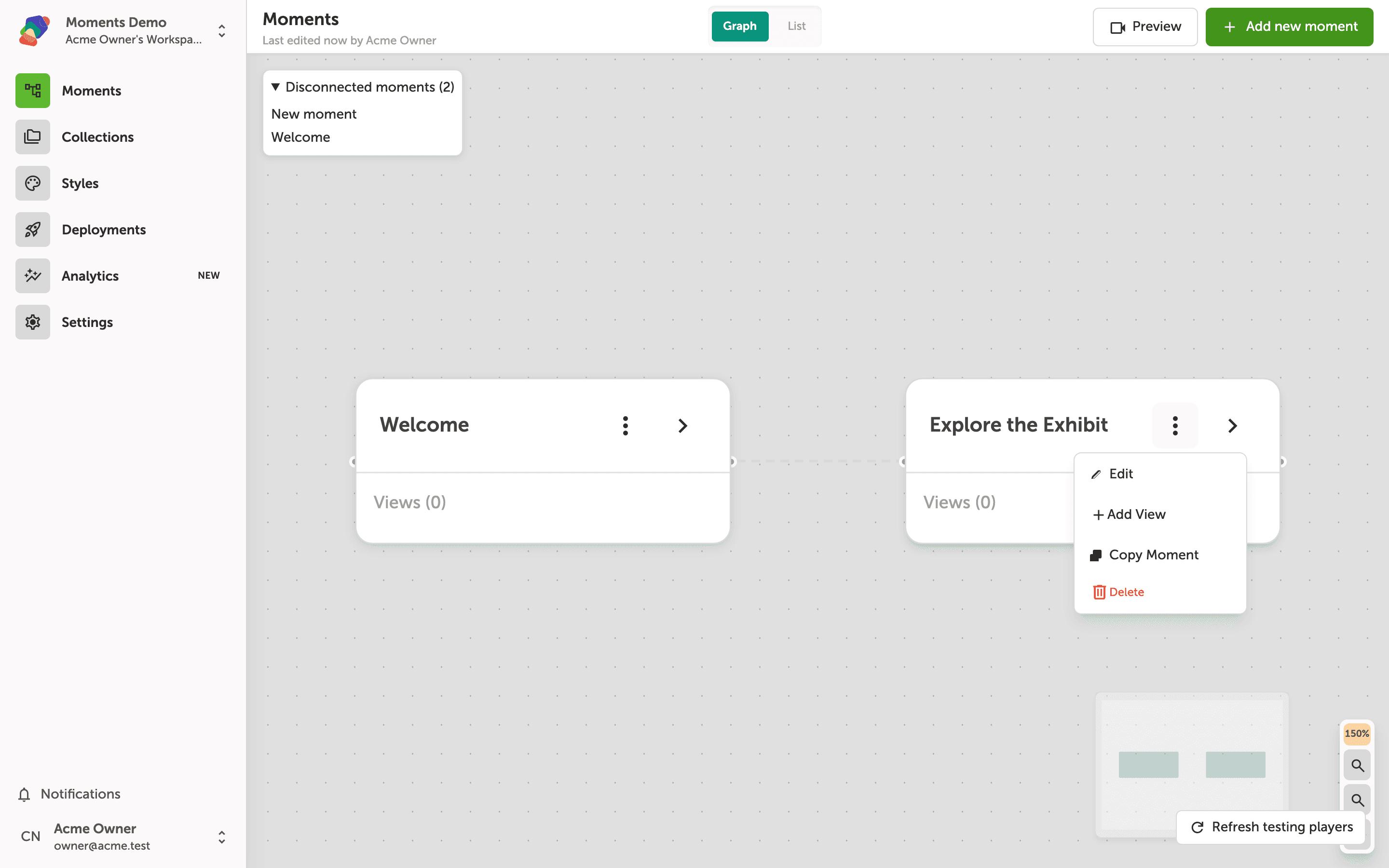 The Zibit canvas showing a moment's overflow menu open with options for Add View, Copy Moment, Rename, and Delete