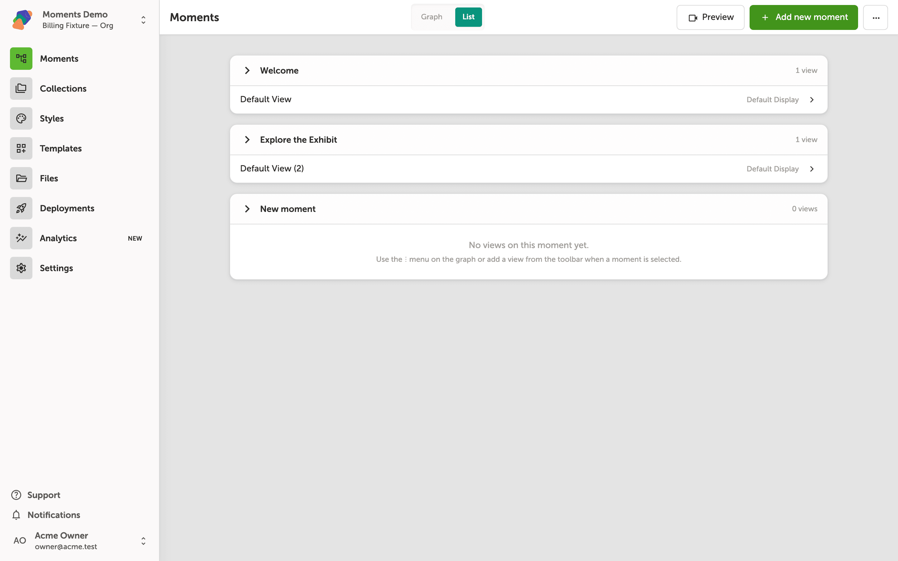 The Moments list view showing Welcome with one Hero screen view, New moment with one Default View, and Explore the Exhibit with no views yet