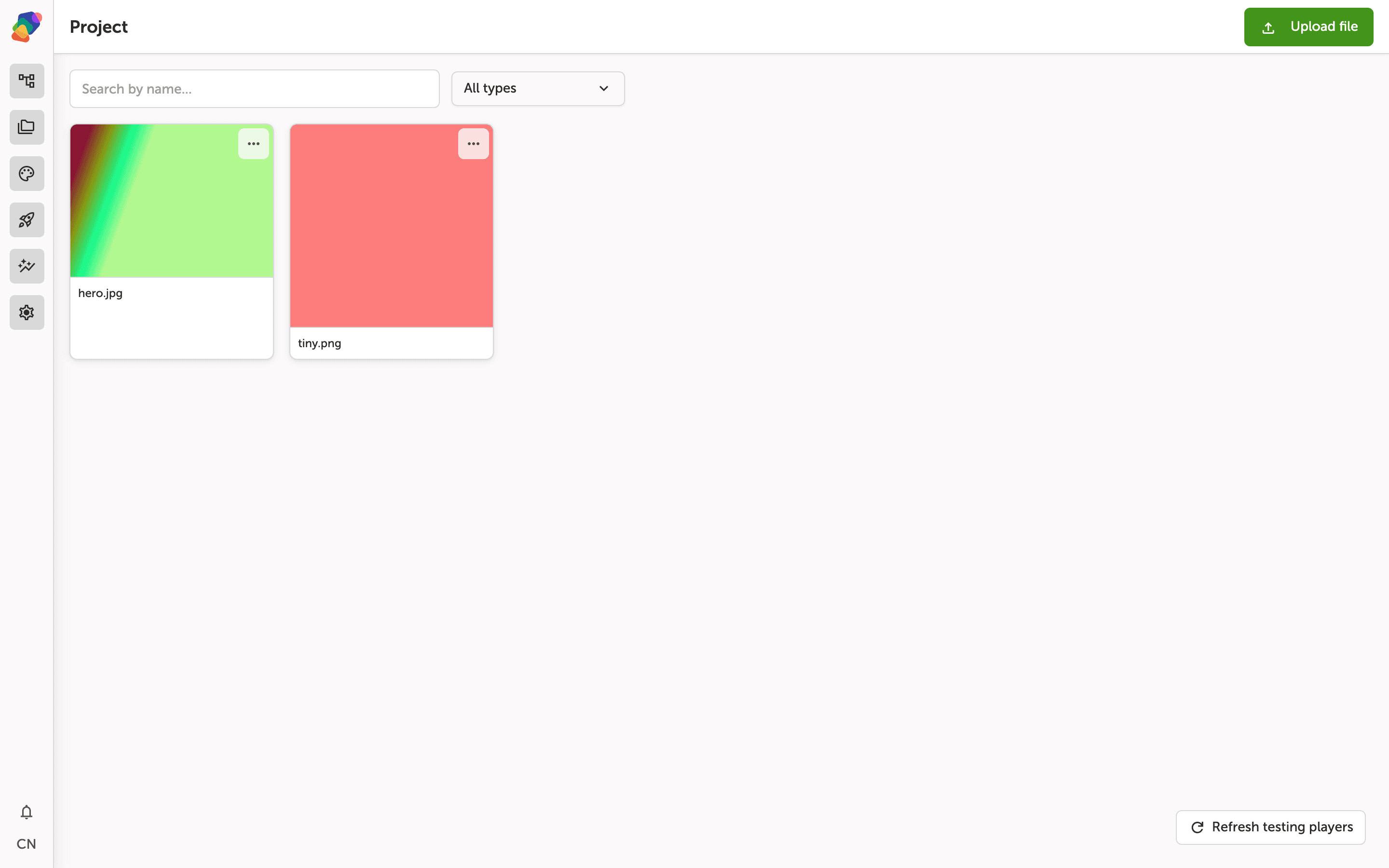 The Zibit file manager showing uploaded files as a card grid, with a search bar, file type filter dropdown, and an Upload file button in the top right