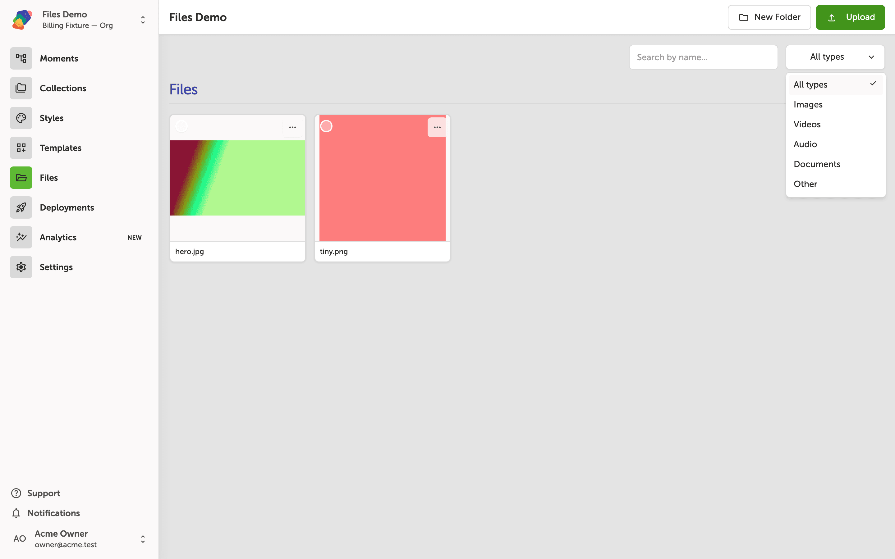 The project file library showing two image thumbnails, with the All types dropdown open and options for Images, Videos, Audio, Documents, and Other visible