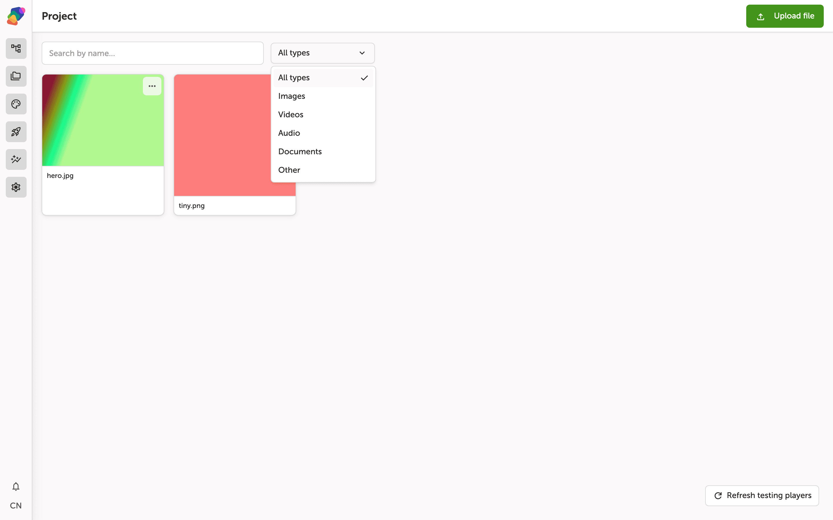 The Zibit file library panel showing a search field, an All types filter dropdown, an Upload file button, and a list of project assets with action menus