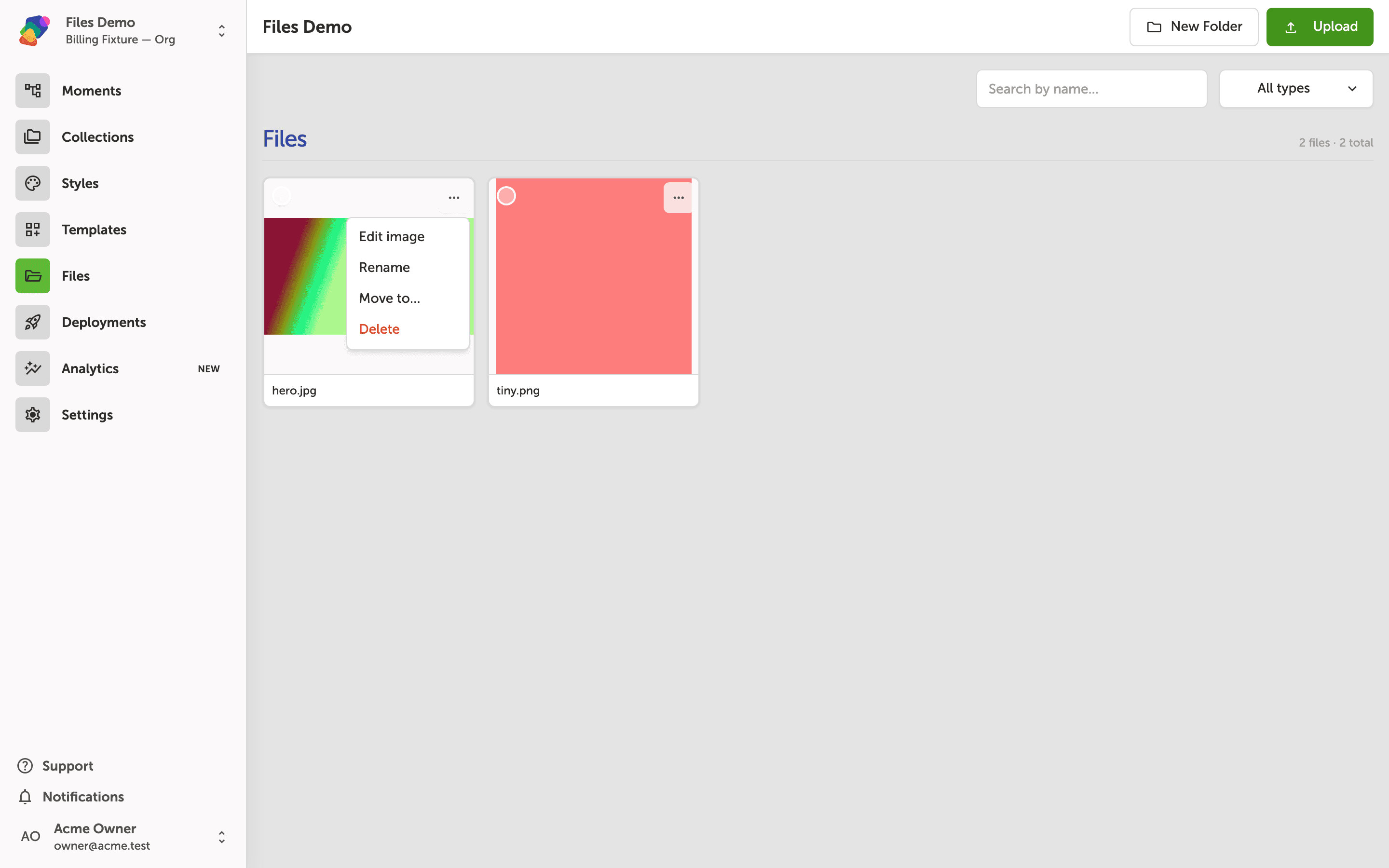 The project file library showing two file cards. The first card, hero.jpg, has its three-dot menu open with Edit and Delete options visible.