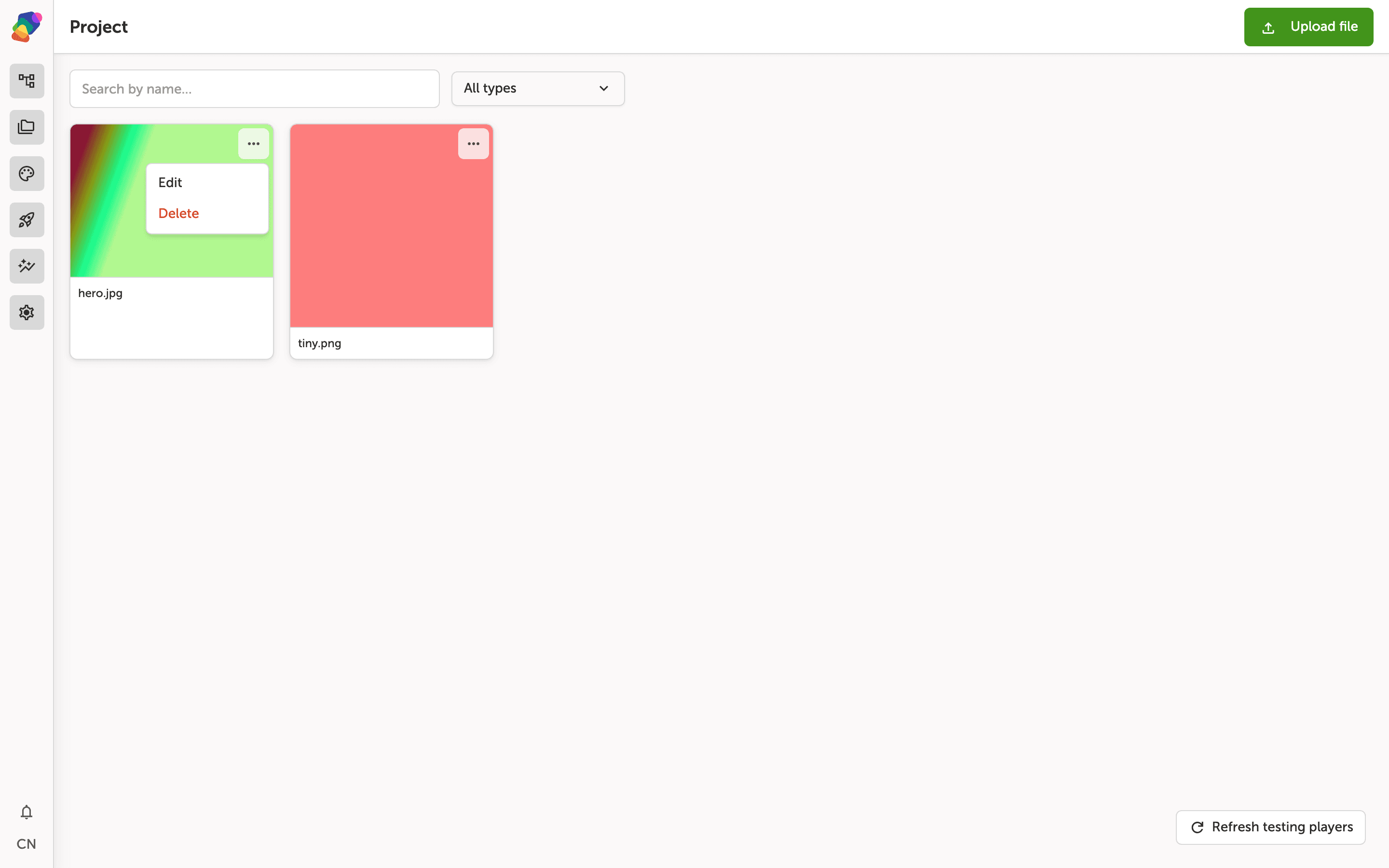 The Zibit file library view showing file cards with a File actions menu open, revealing options to edit metadata or delete a file